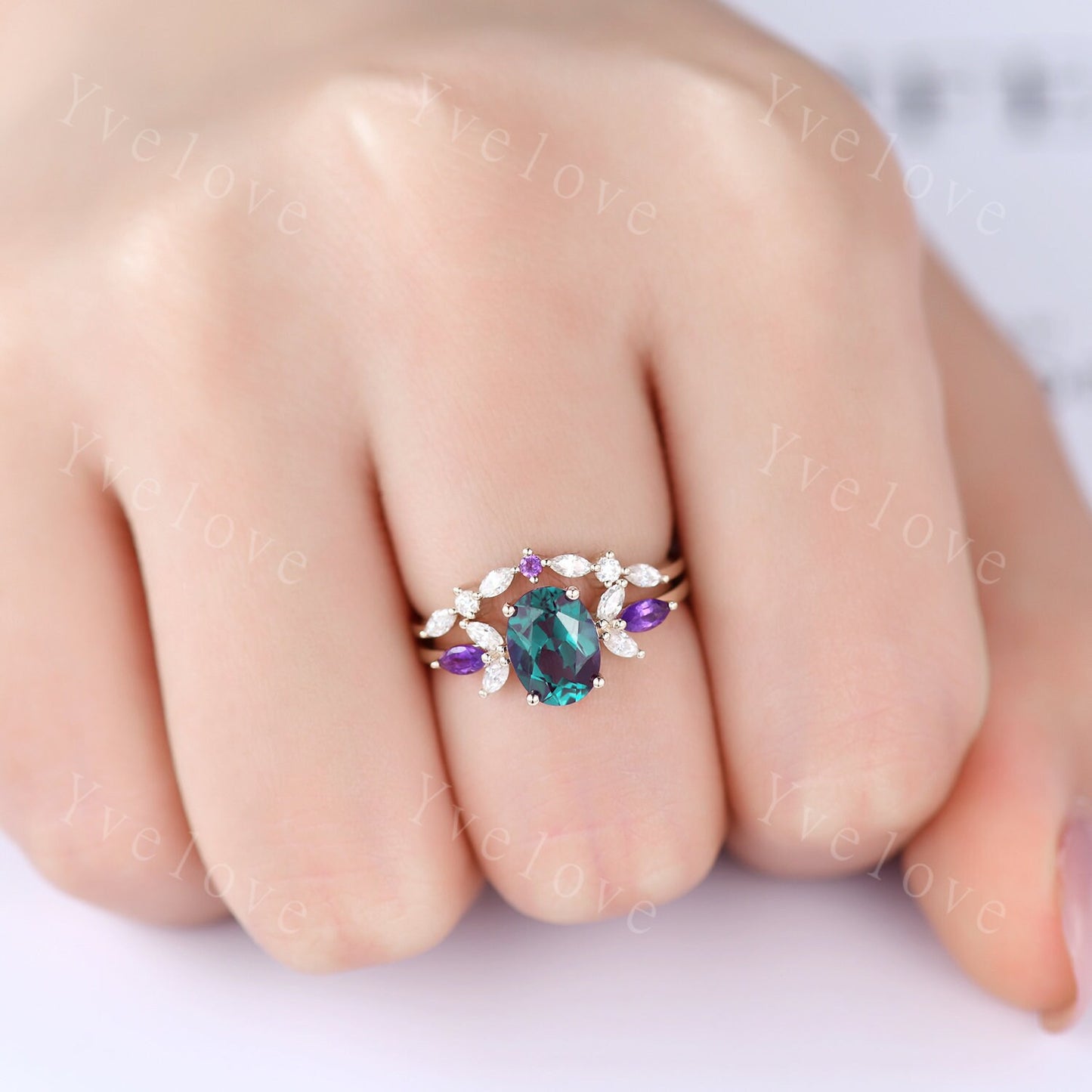 Vintage Alexandrite Engagement Ring Set 14K Gold Women Moissanite Amethyst Gem Matching Band Promise Bridal Stacking Ring Set Gift For Her