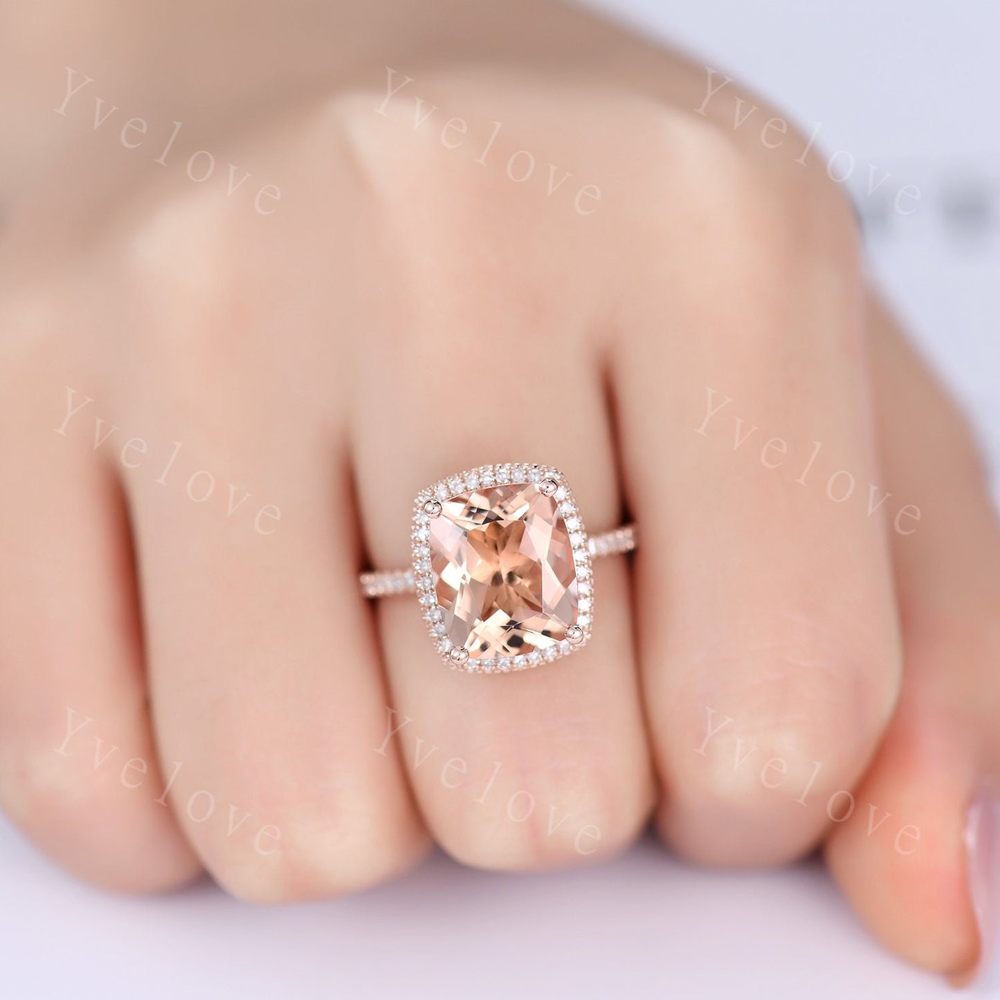 Payment plan for Rae's custom order, switch the main stone to 8mm cushion morganite, diamond as the side stones, 14k rose gold, 2nd payment.