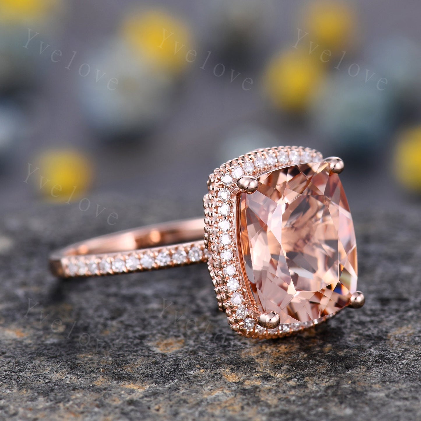 Payment plan for Rae's custom order, switch the main stone to 8mm cushion morganite, diamond as the side stones, 14k rose gold, 2nd payment.