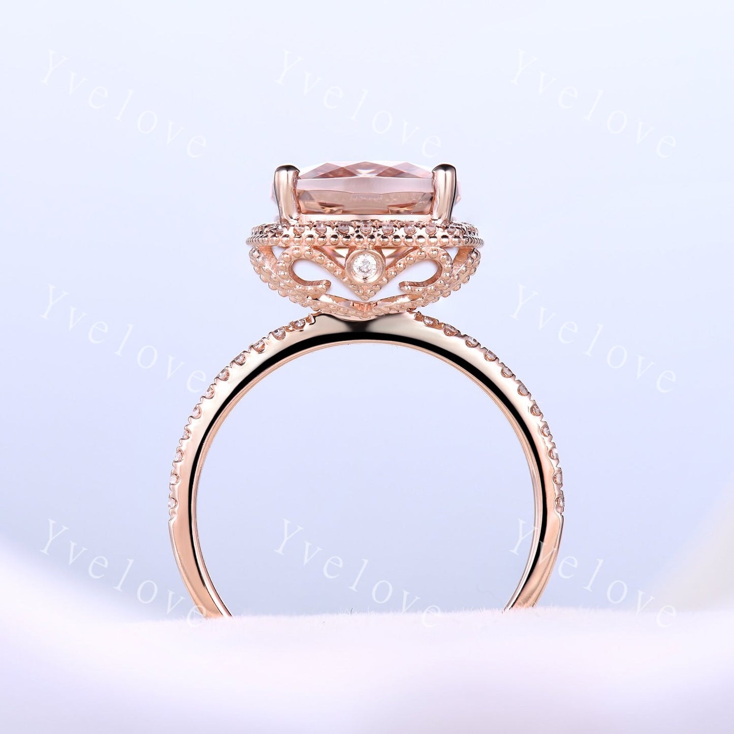 5ct Morganite engagement ring pink morganite ring big cushion shape natural gemstone with thin diamond wedding band solid 14k rose gold