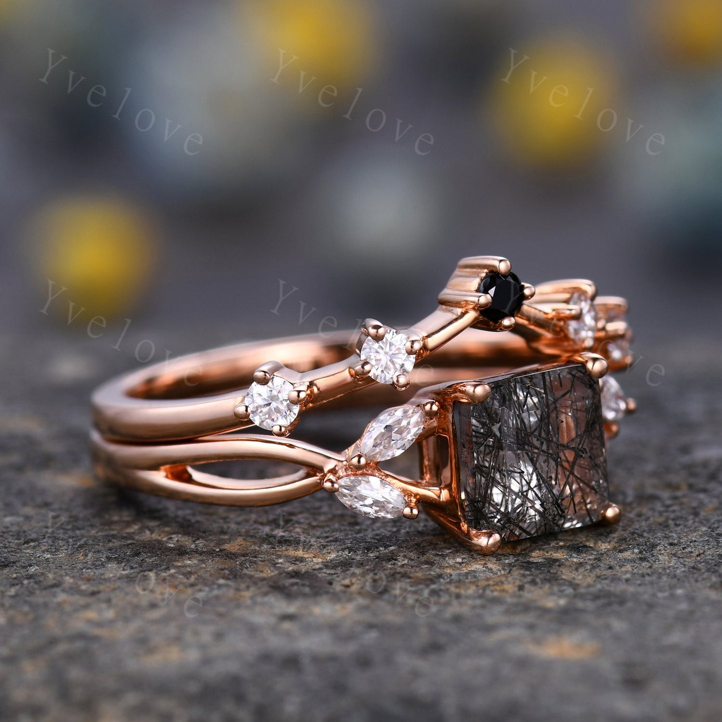 Vintage Black Rutilated Quartz Engagement Ring Set Princess Cut Black Gemstone Ring Set Split Band Vine Moissanite Ring Bridal Ring Gift