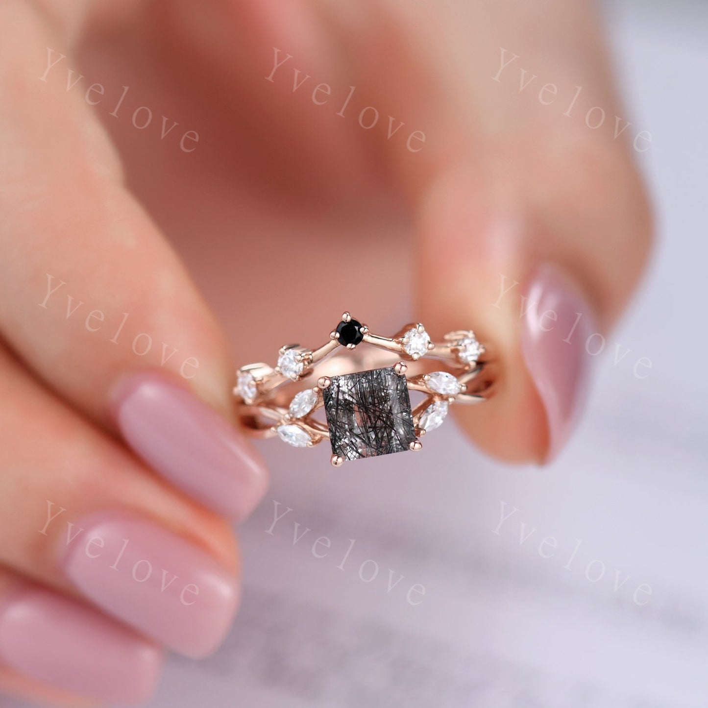 Dainty Moissanite Wedding Band Ring,Women V Curved Wedding Ring,Moissanite Black Spinel Ring,Rose Gold Stacking Bridal Ring,Anniversary Band