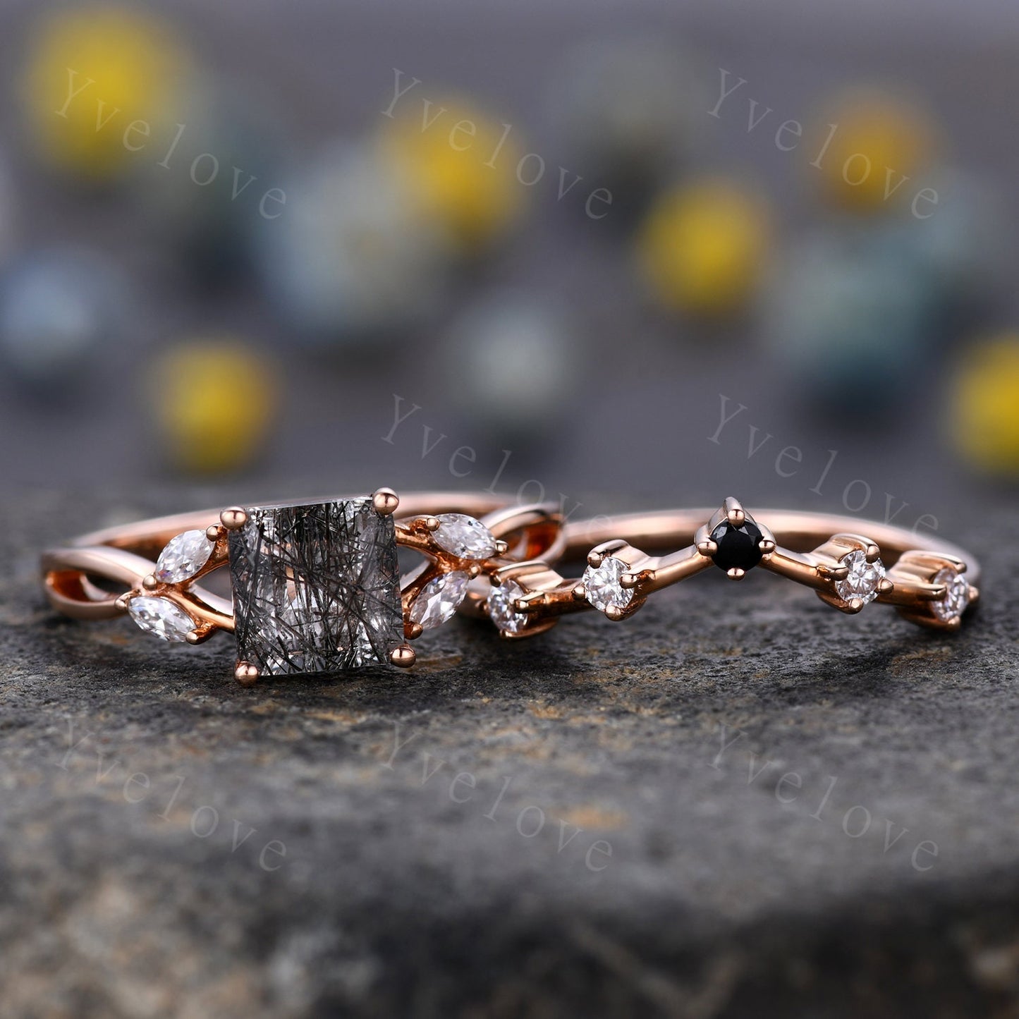 Vintage Black Rutilated Quartz Engagement Ring Set Princess Cut Black Gemstone Ring Set Split Band Vine Moissanite Ring Bridal Ring Gift