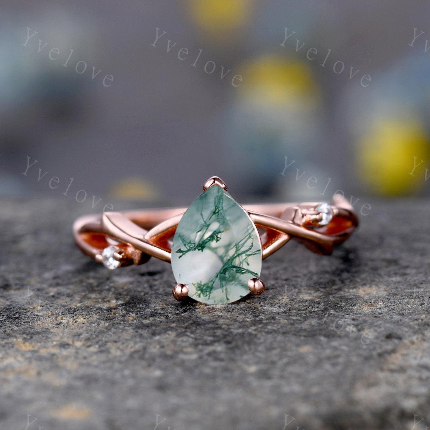 Danity Twig Moss agate Engagement Ring,Unique Pear Shaped Diamond Ring,Branch Vine Ring,Rose Gold Ring,Twisted Ring,Bridal Anniverary Ring