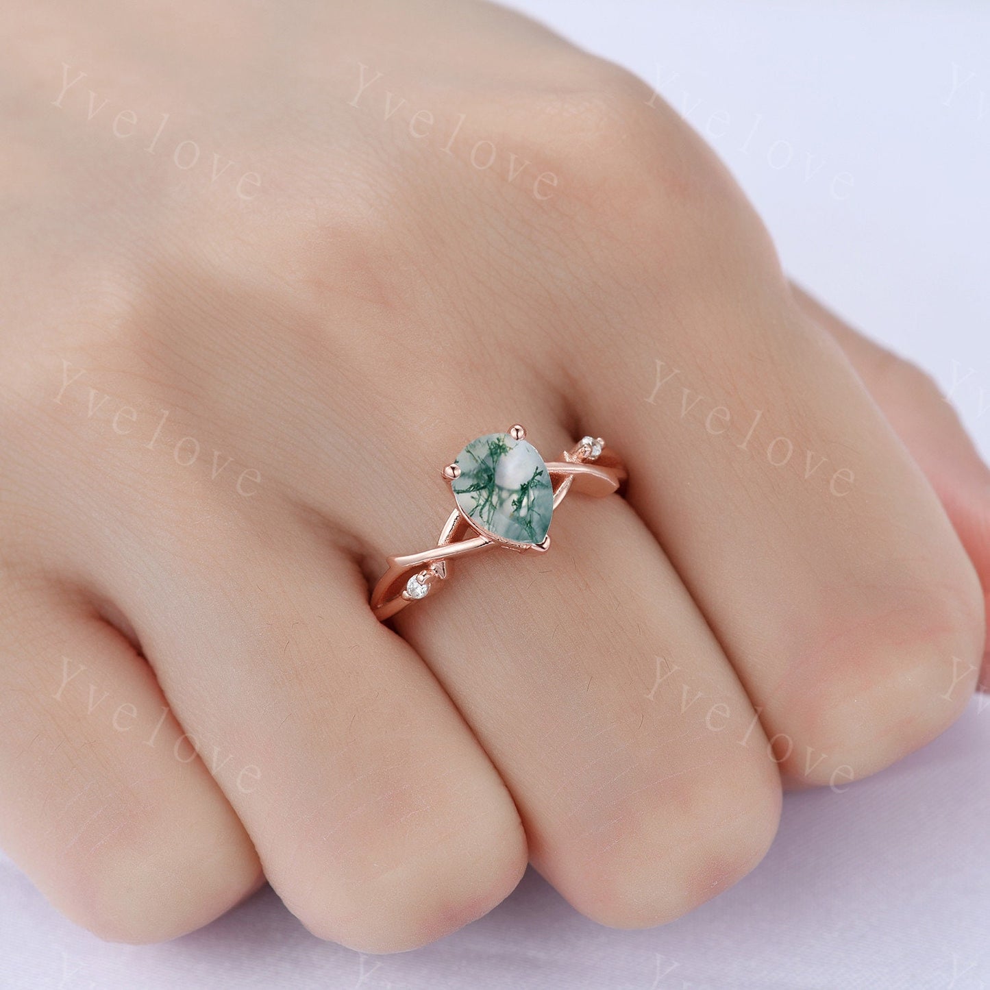 Danity Twig Moss agate Engagement Ring,Unique Pear Shaped Diamond Ring,Branch Vine Ring,Rose Gold Ring,Twisted Ring,Bridal Anniverary Ring