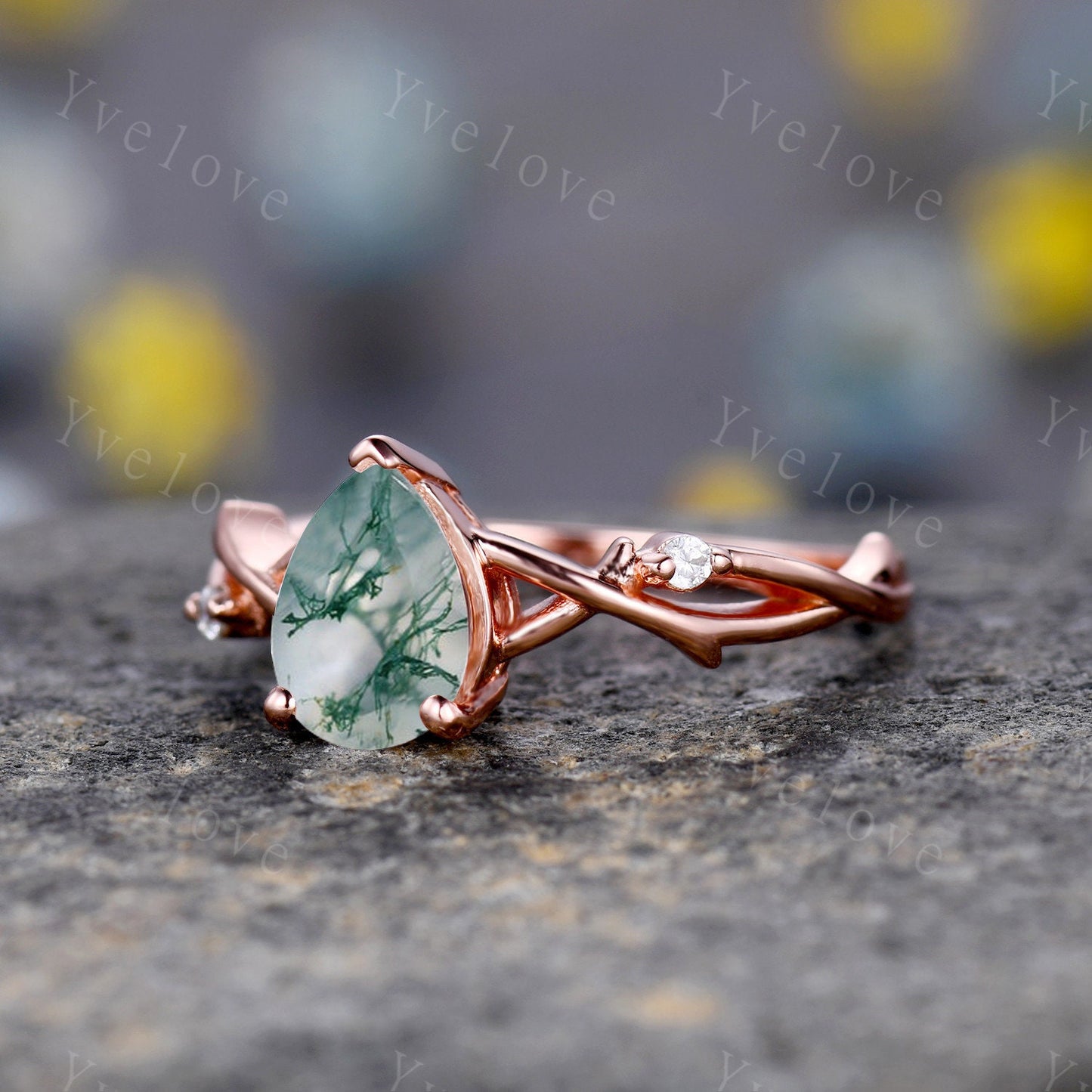 Danity Twig Moss agate Engagement Ring,Unique Pear Shaped Diamond Ring,Branch Vine Ring,Rose Gold Ring,Twisted Ring,Bridal Anniverary Ring