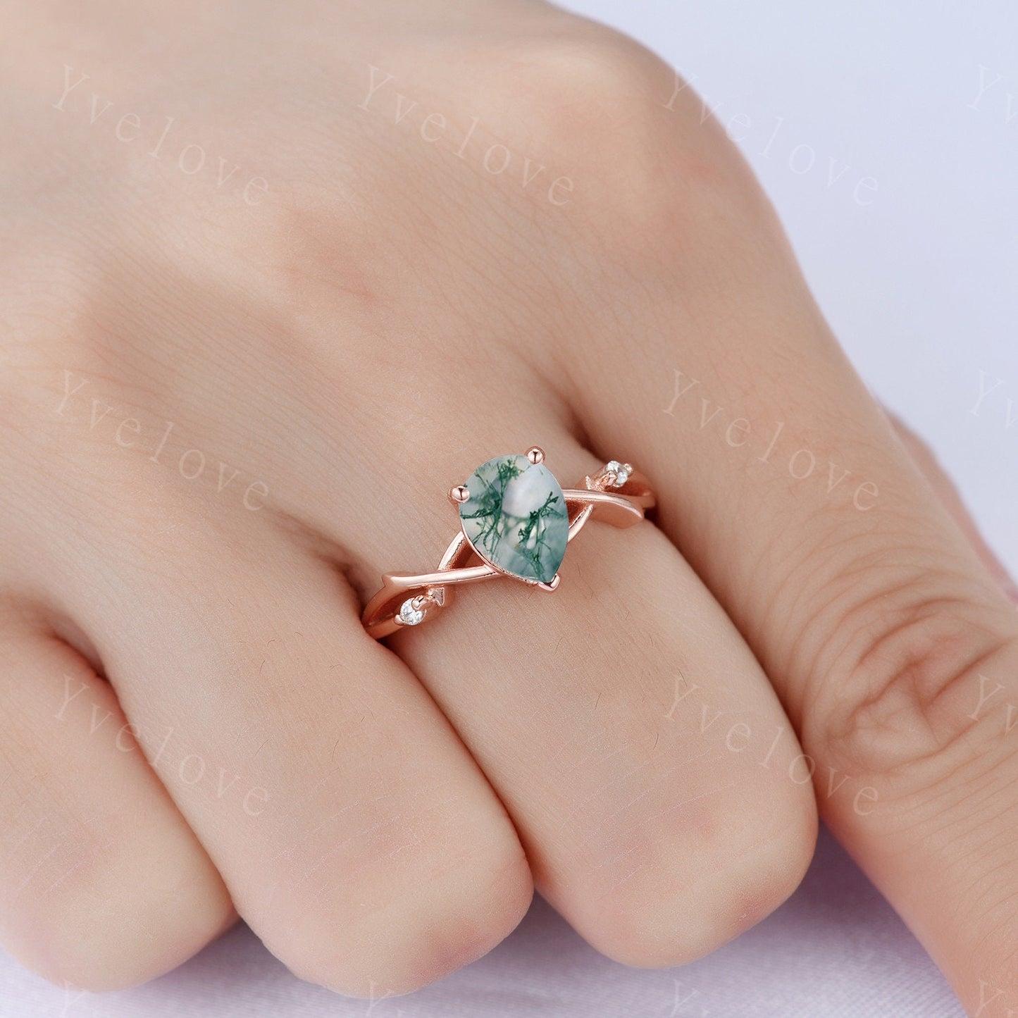 Danity Twig Moss agate Engagement Ring,Unique Pear Shaped Diamond Ring,Branch Vine Ring,Rose Gold Ring,Twisted Ring,Bridal Anniverary Ring