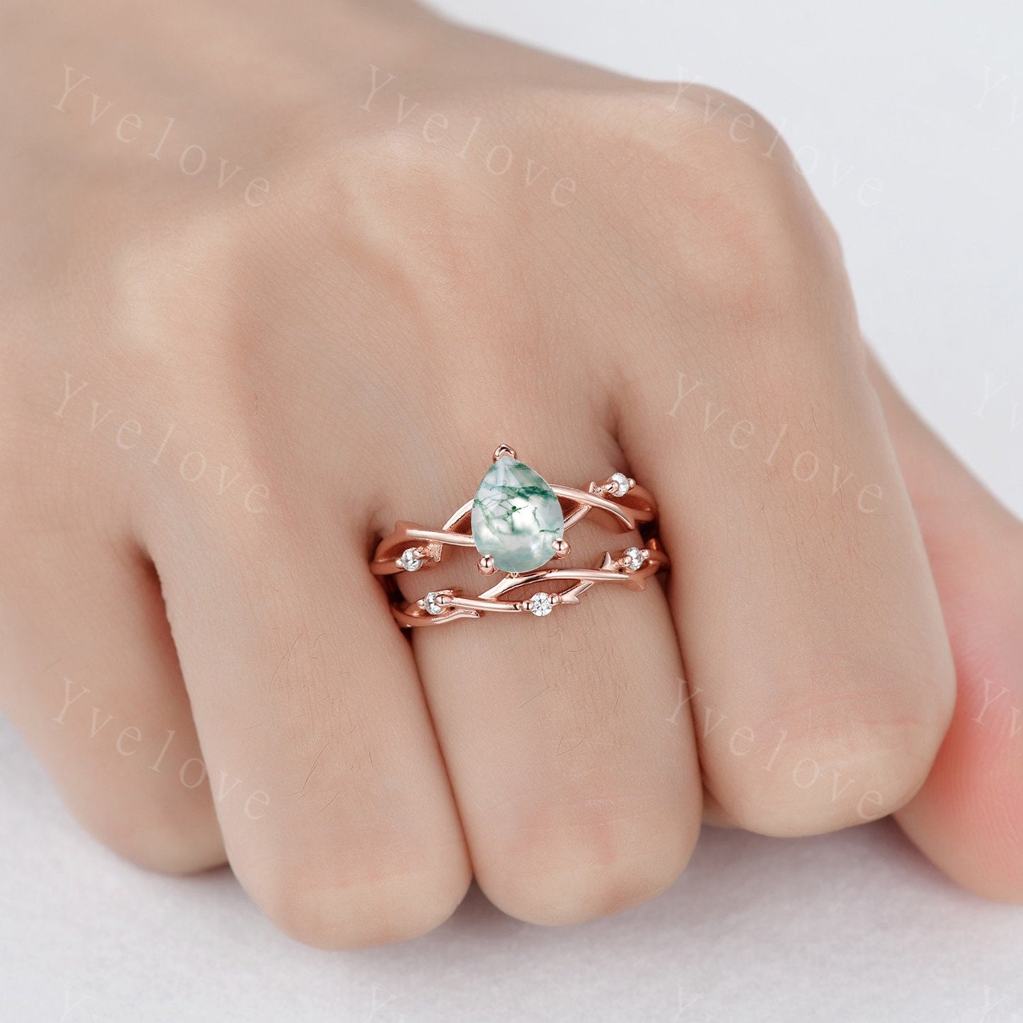 Danity Twig Moss agate Engagement Ring,Unique Pear Shaped Diamond Ring,Branch Vine Ring,Rose Gold Ring,Twisted Ring,Bridal Anniverary Ring