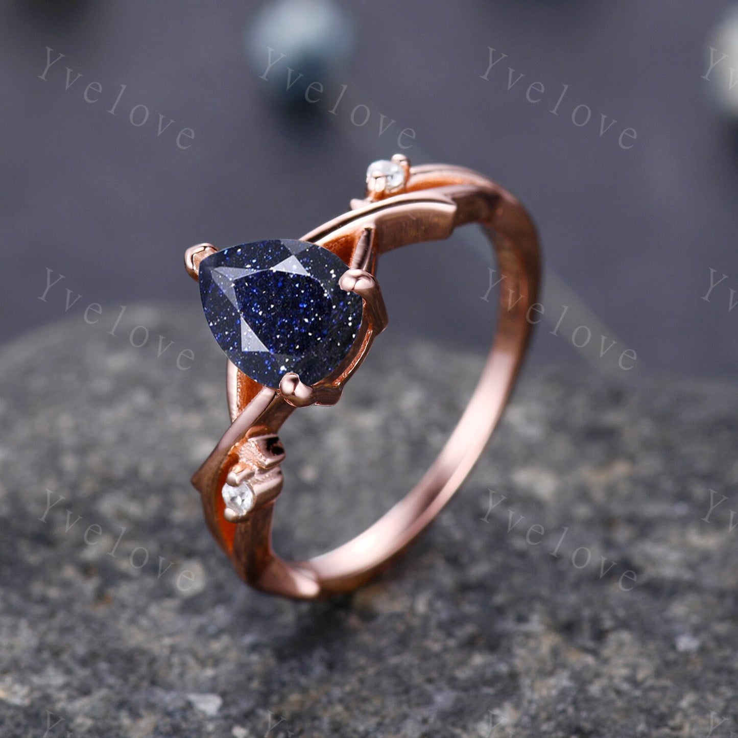 Blue Sandstone Engagement Ring,Galaxy Sandstone Ring,Sterling Silver Ring,Nebula Ring,Outer Space Ring,Twisted Ring,Bridal Anniversary Gift