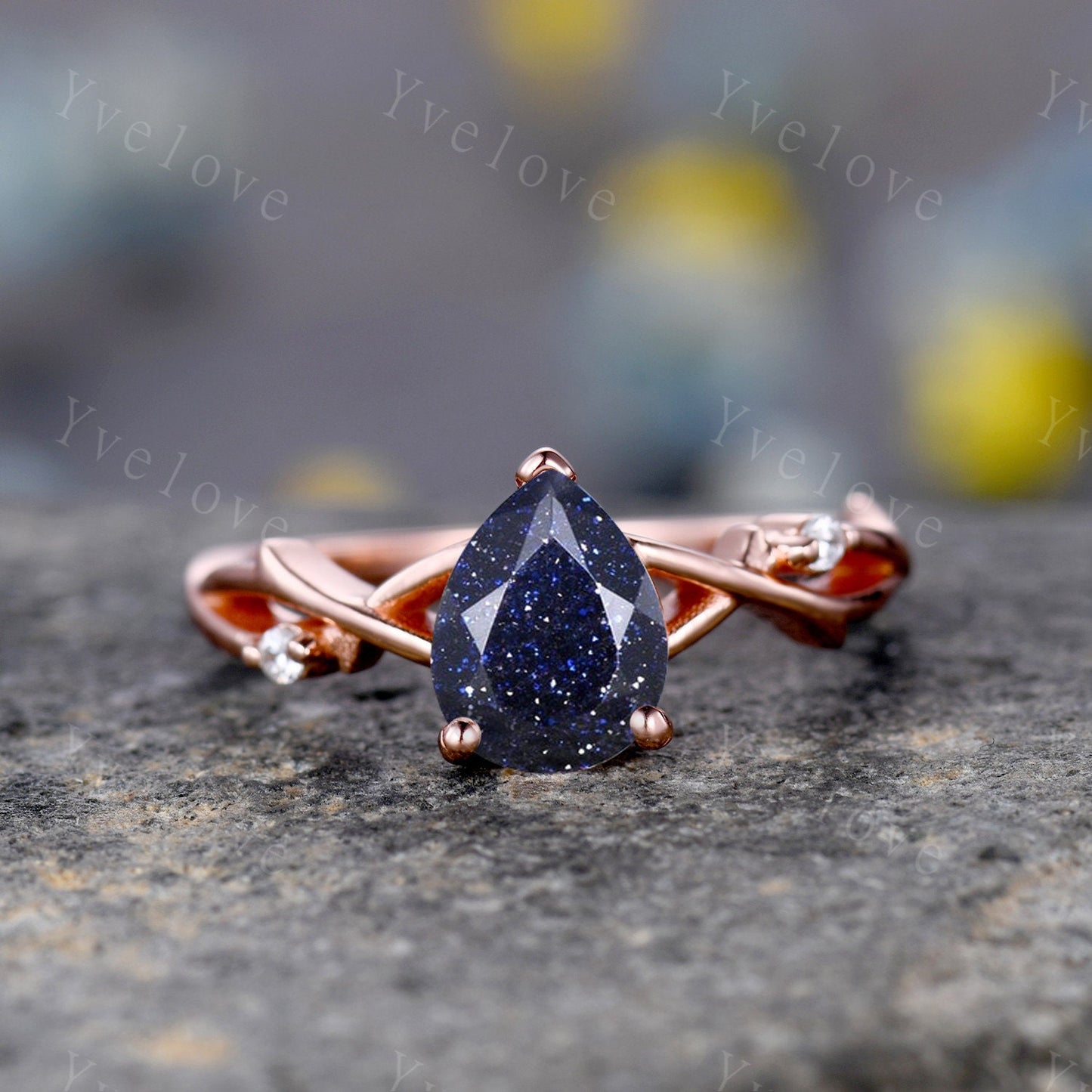 Blue Sandstone Engagement Ring,Galaxy Sandstone Ring,Sterling Silver Ring,Nebula Ring,Outer Space Ring,Twisted Ring,Bridal Anniversary Gift