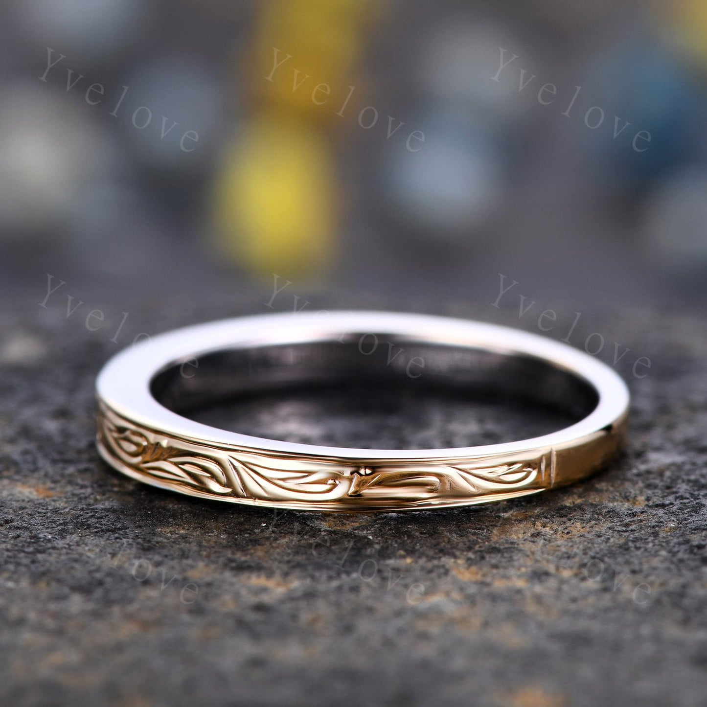 Unique Two tone band,yellow gold and white gold,14k Plain Gold Ring,Filigree Floral Design,Wedding Ring,Engagement Ring,Retro Vintage,Custom