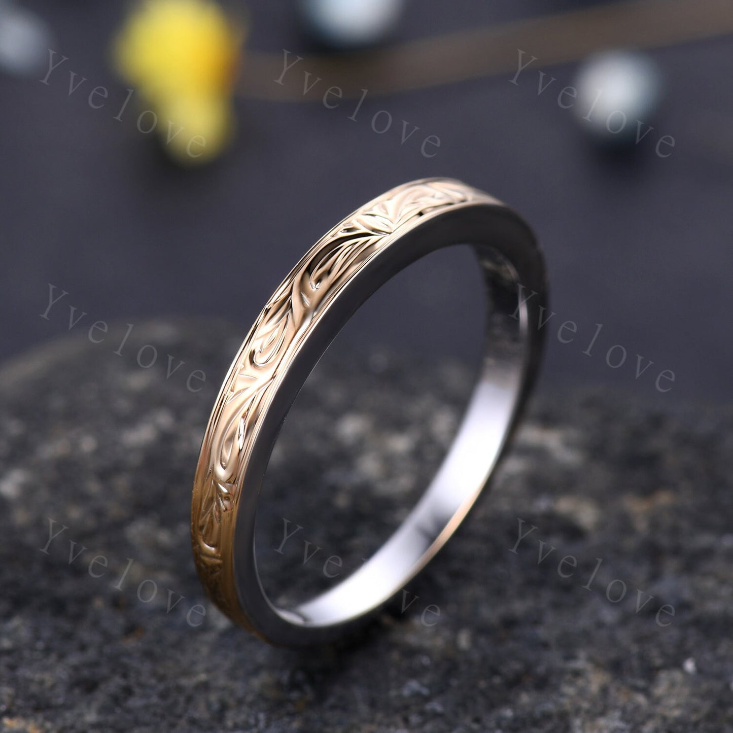Unique Two tone band,yellow gold and white gold,14k Plain Gold Ring,Filigree Floral Design,Wedding Ring,Engagement Ring,Retro Vintage,Custom