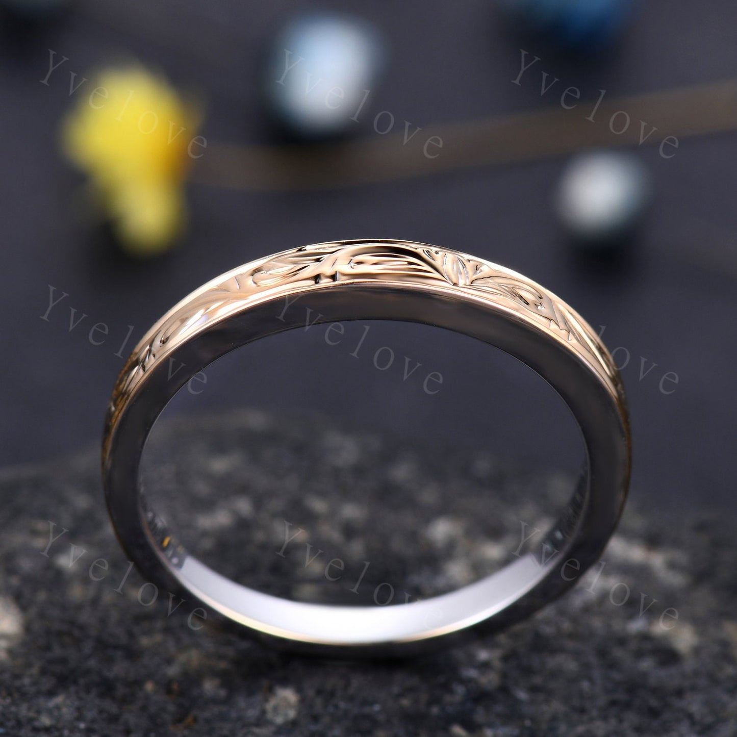 Unique Two tone band,yellow gold and white gold,14k Plain Gold Ring,Filigree Floral Design,Wedding Ring,Engagement Ring,Retro Vintage,Custom