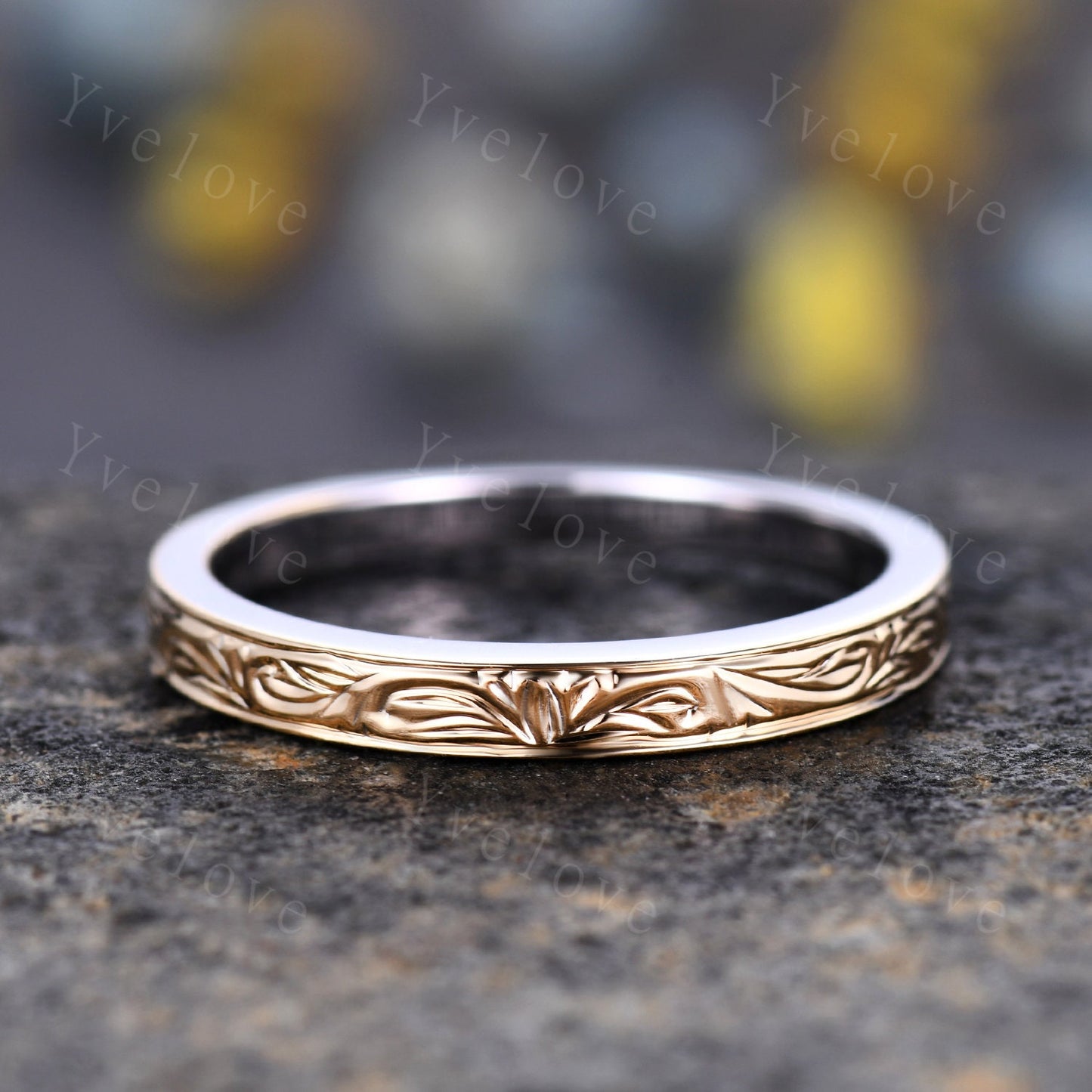 Unique Two tone band,yellow gold and white gold,14k Plain Gold Ring,Filigree Floral Design,Wedding Ring,Engagement Ring,Retro Vintage,Custom