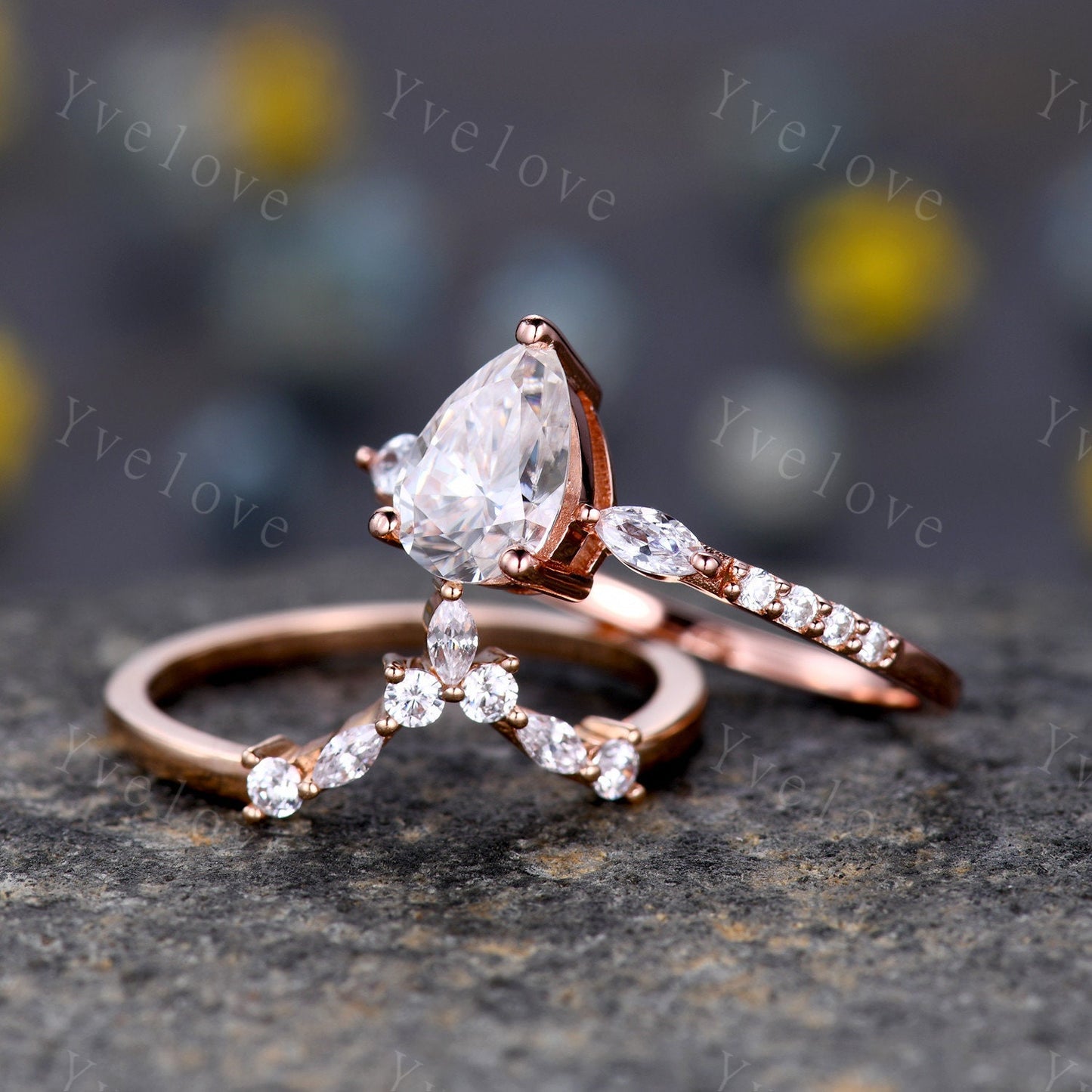 8x6mm Pear Moissanite Engagement Ring,1.5ct Tear Drop Wedding Ring,Marquise Moissanite Wedding Band,Rose Gold Art Deco Bridal Ring For Women