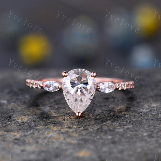 8x6mm Pear Moissanite Engagement Ring,1.5ct Tear Drop Wedding Ring,Marquise Moissanite Wedding Band,Rose Gold Art Deco Bridal Ring For Women