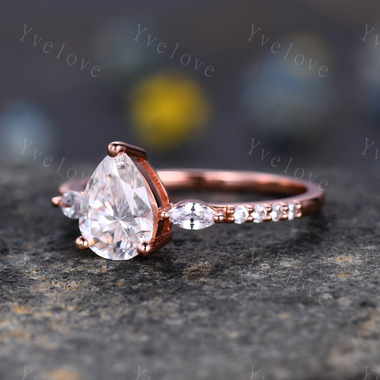 8x6mm Pear Moissanite Engagement Ring,1.5ct Tear Drop Wedding Ring,Marquise Moissanite Wedding Band,Rose Gold Art Deco Bridal Ring For Women
