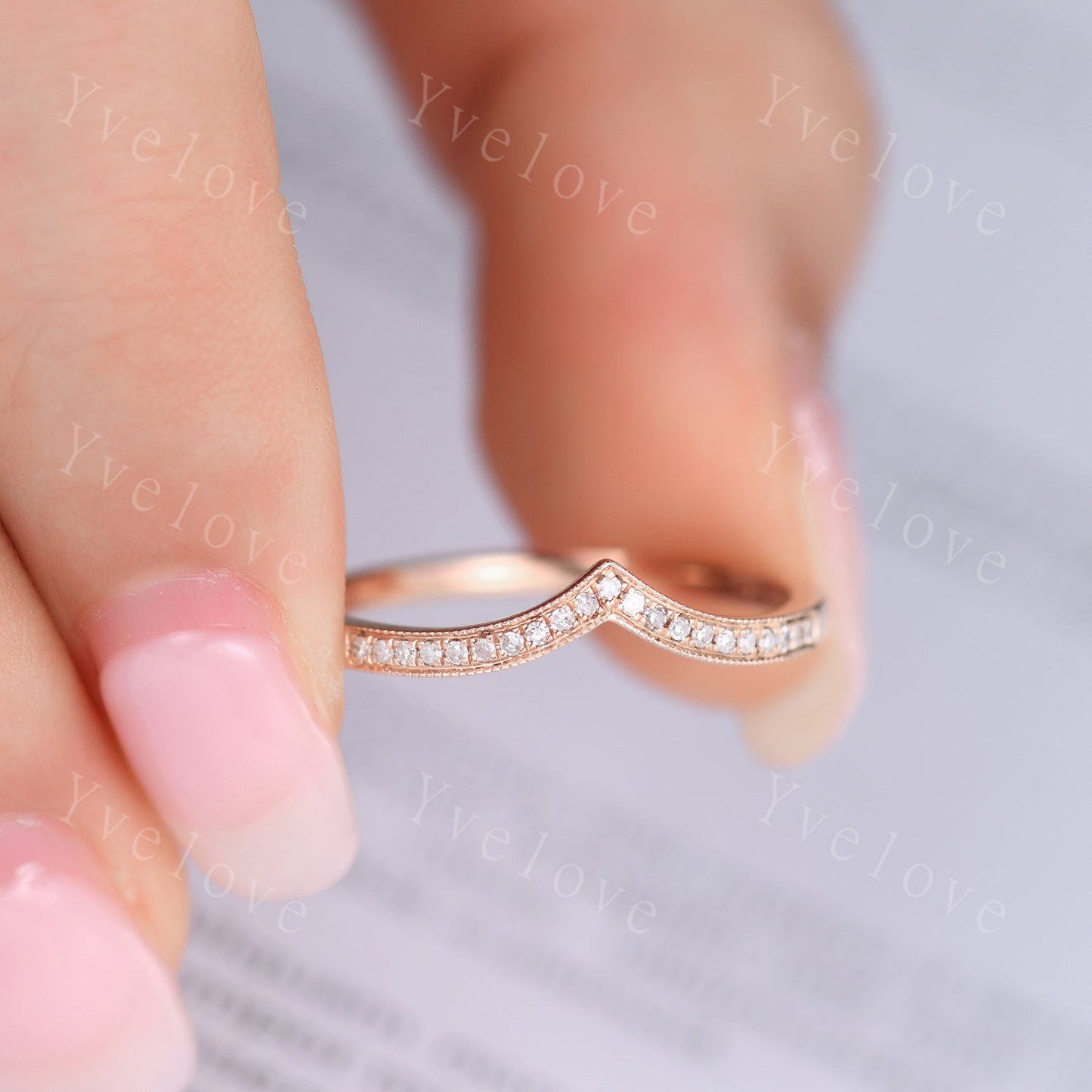 V shape diamond wedding band diamond matching band stacking ring 14k rose gold anniversary ring natural gemstone SI clarity H color