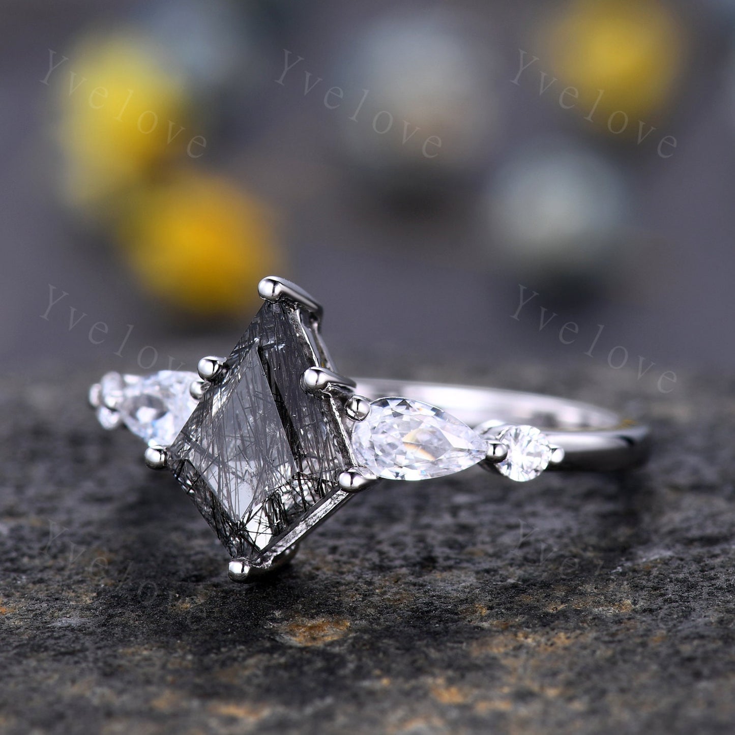 Unique black rutilated quartz ring kite cut engagement ring pear moissanite ring three stones ring rose gold women bridal wedding ring gift