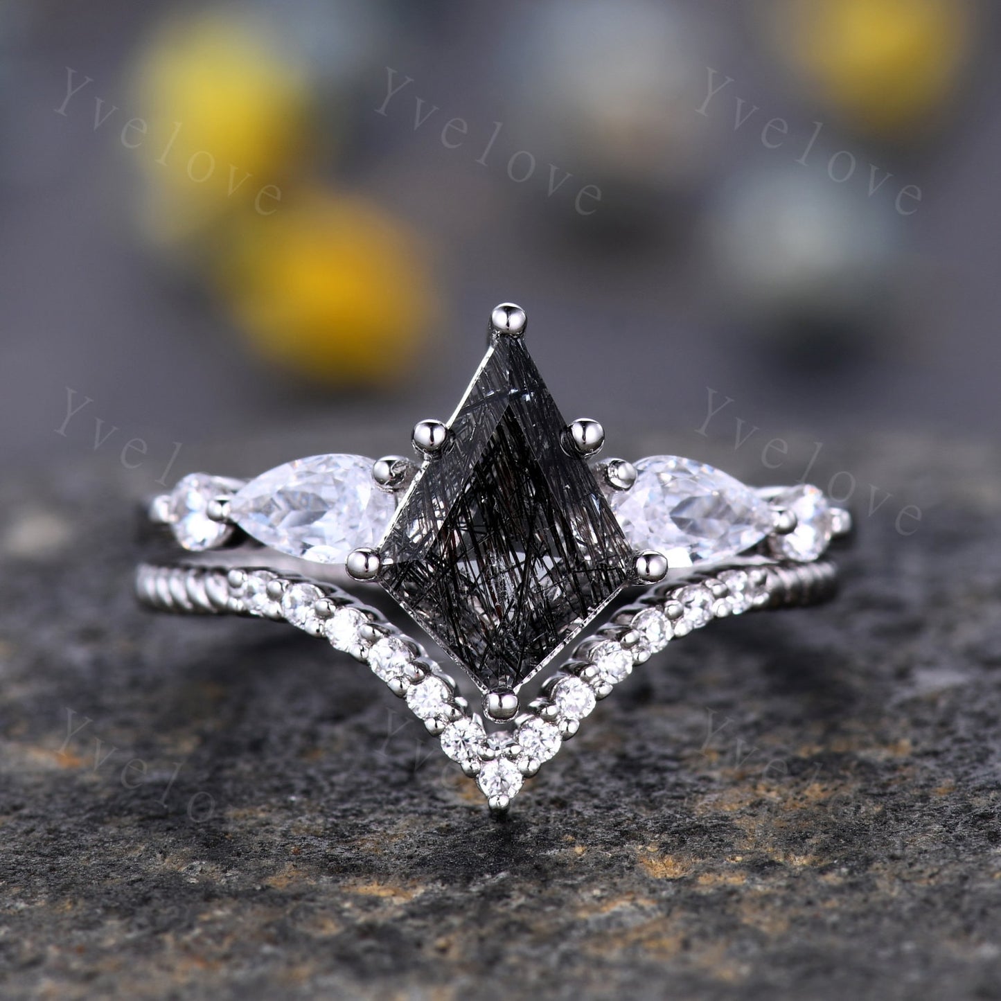 Unique black rutilated quartz ring kite cut engagement ring pear moissanite ring three stones ring rose gold women bridal wedding ring gift