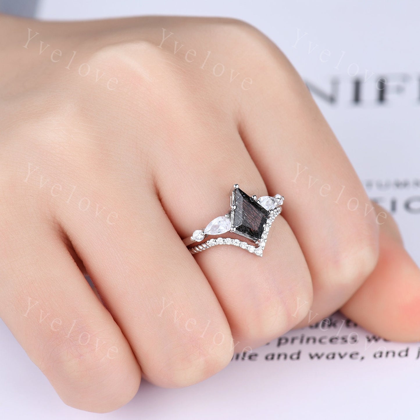 Unique black rutilated quartz ring kite cut engagement ring pear moissanite ring three stones ring rose gold women bridal wedding ring gift