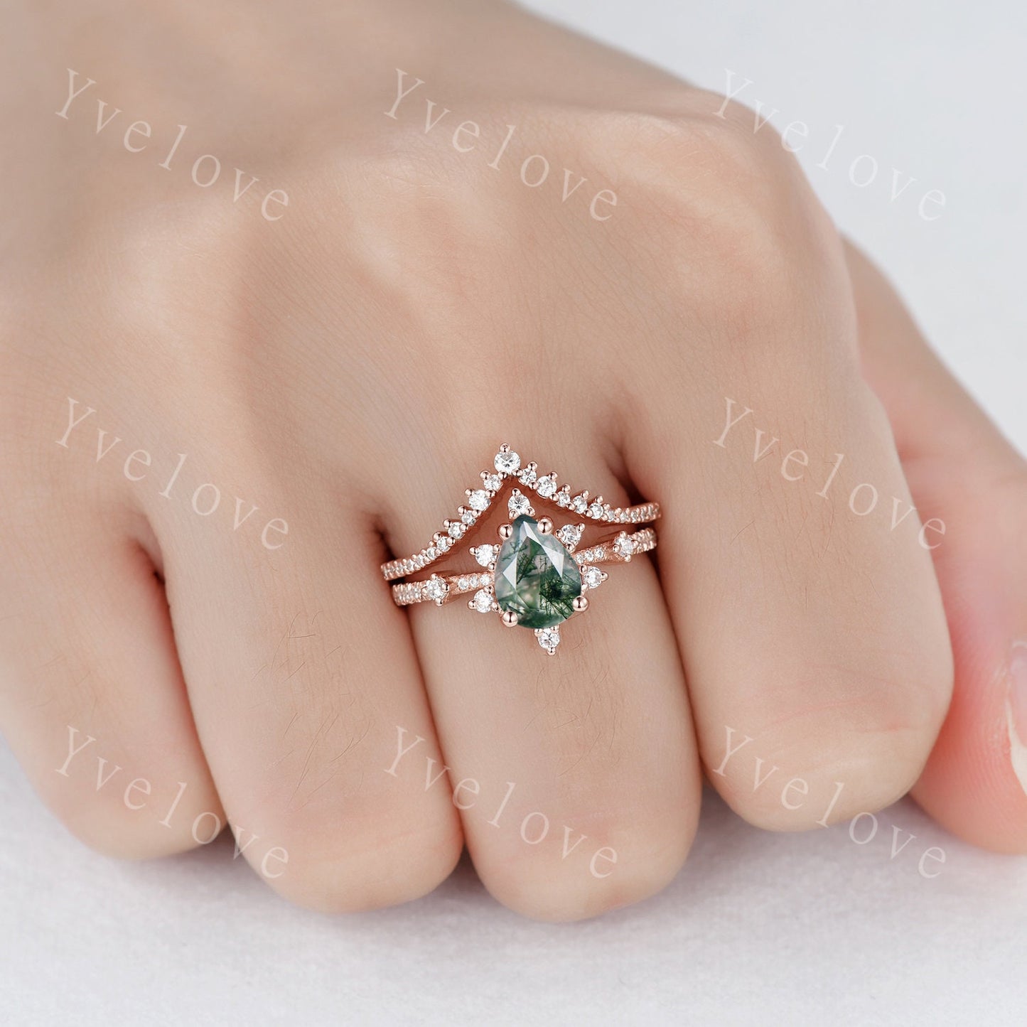 Art Deco Pear Moss Agate Ring,Green Agate Ring Set,Women  Bridal Set ,V Curved Moissanite Stacking Band,14K Rose Gold,Women Anniversary Gift