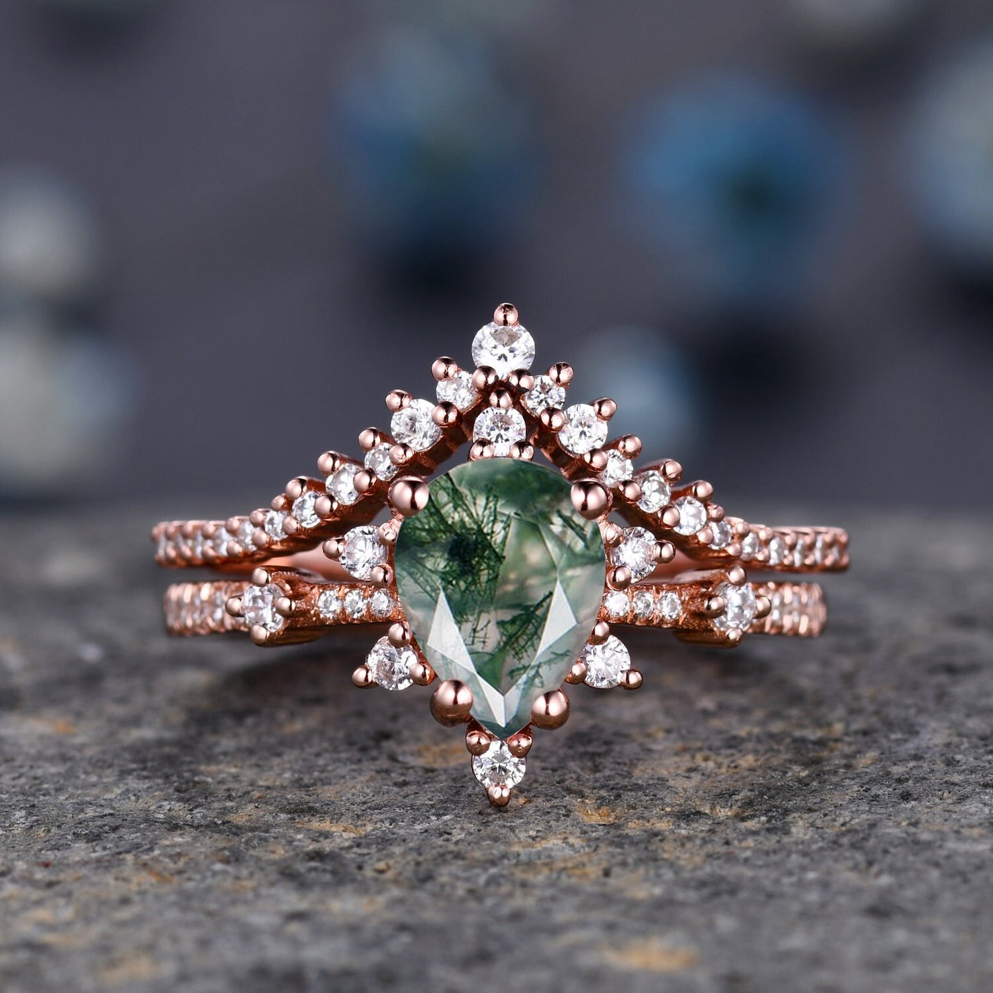 Art Deco Pear Moss Agate Ring,Green Agate Ring Set,Women  Bridal Set ,V Curved Moissanite Stacking Band,14K Rose Gold,Women Anniversary Gift