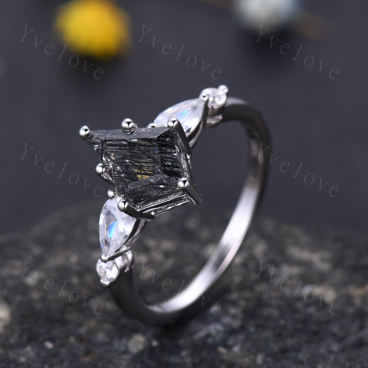 Unique black rutilated quartz ring kite cut engagement ring pear moissanite ring three stones ring rose gold women bridal wedding ring gift