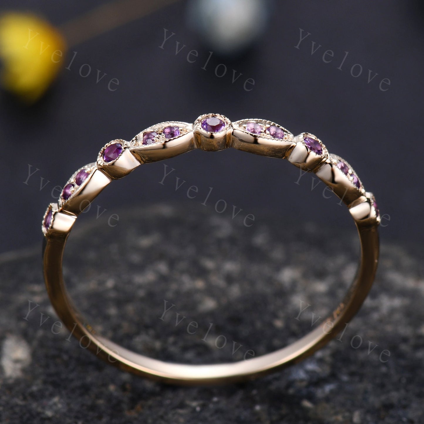 Amethyst ring gift art deco half eternity amethyst wedding band milgrain style ring 14k yellow gold matching band natural gemstone IF color