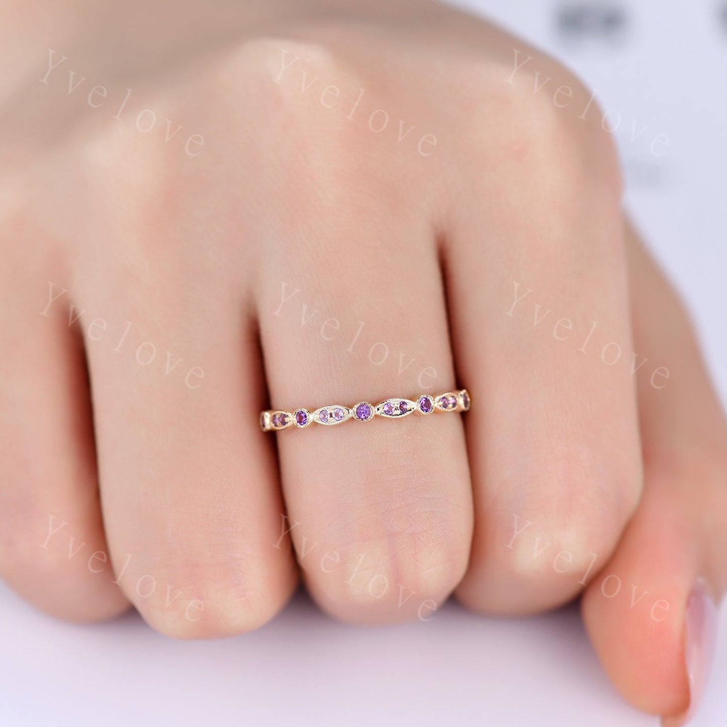 Amethyst ring gift art deco half eternity amethyst wedding band milgrain style ring 14k yellow gold matching band natural gemstone IF color