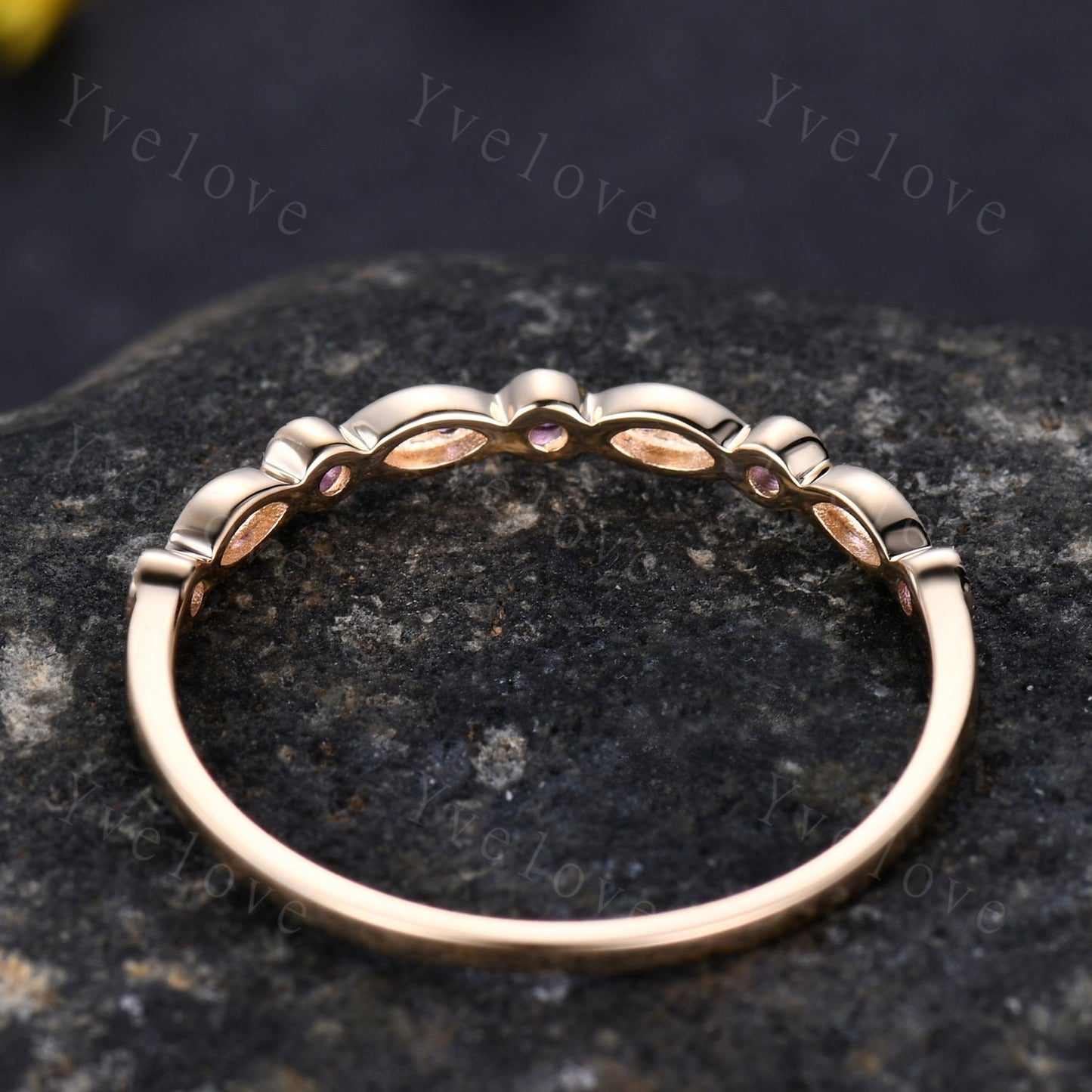 Amethyst ring gift art deco half eternity amethyst wedding band milgrain style ring 14k yellow gold matching band natural gemstone IF color
