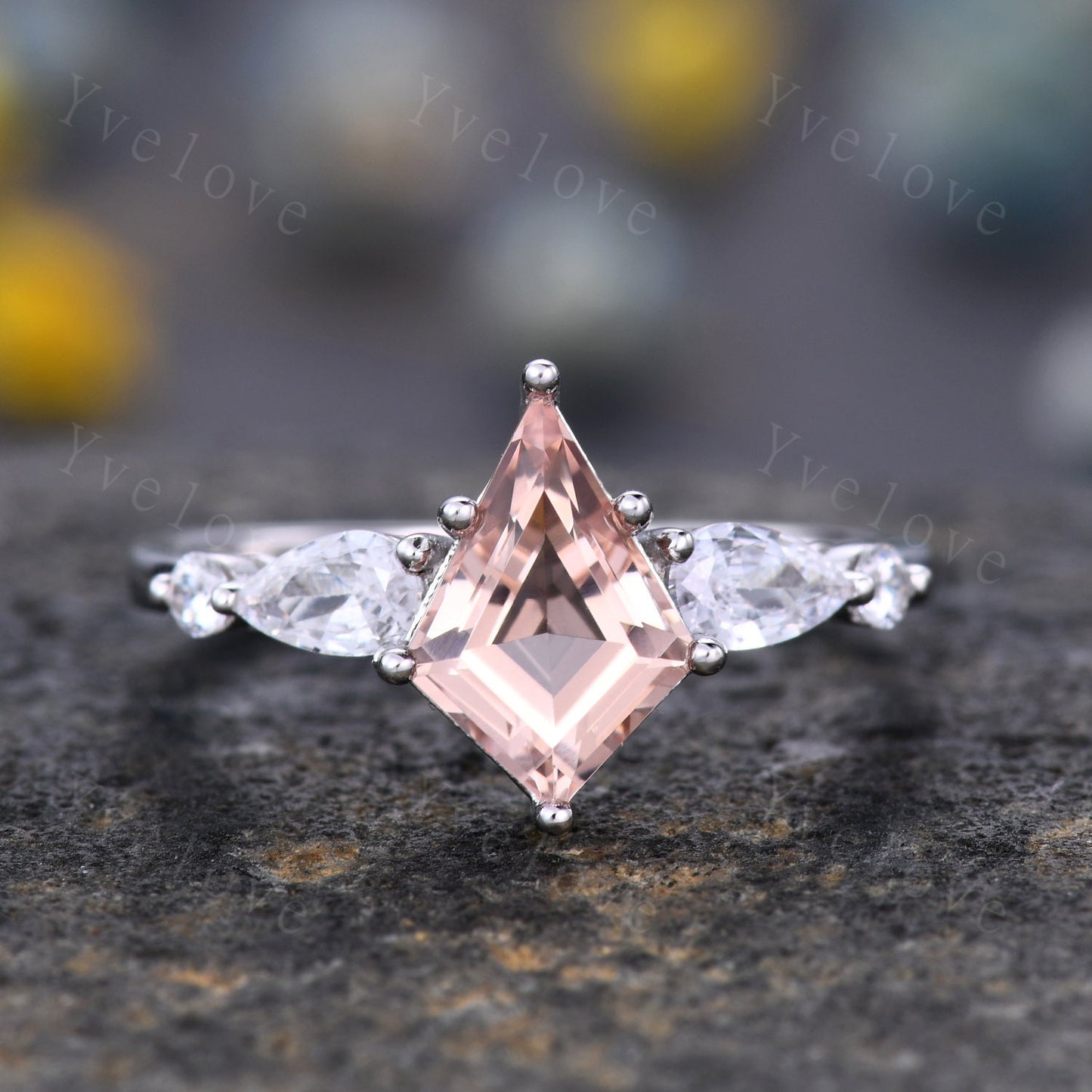 Unique Kite Cut Morganite Engagement Ring Set,Morganite Bridal Ring Set,Pear Moissanite,Twist Wedding Band,White Gold,Birthday Gift For Her