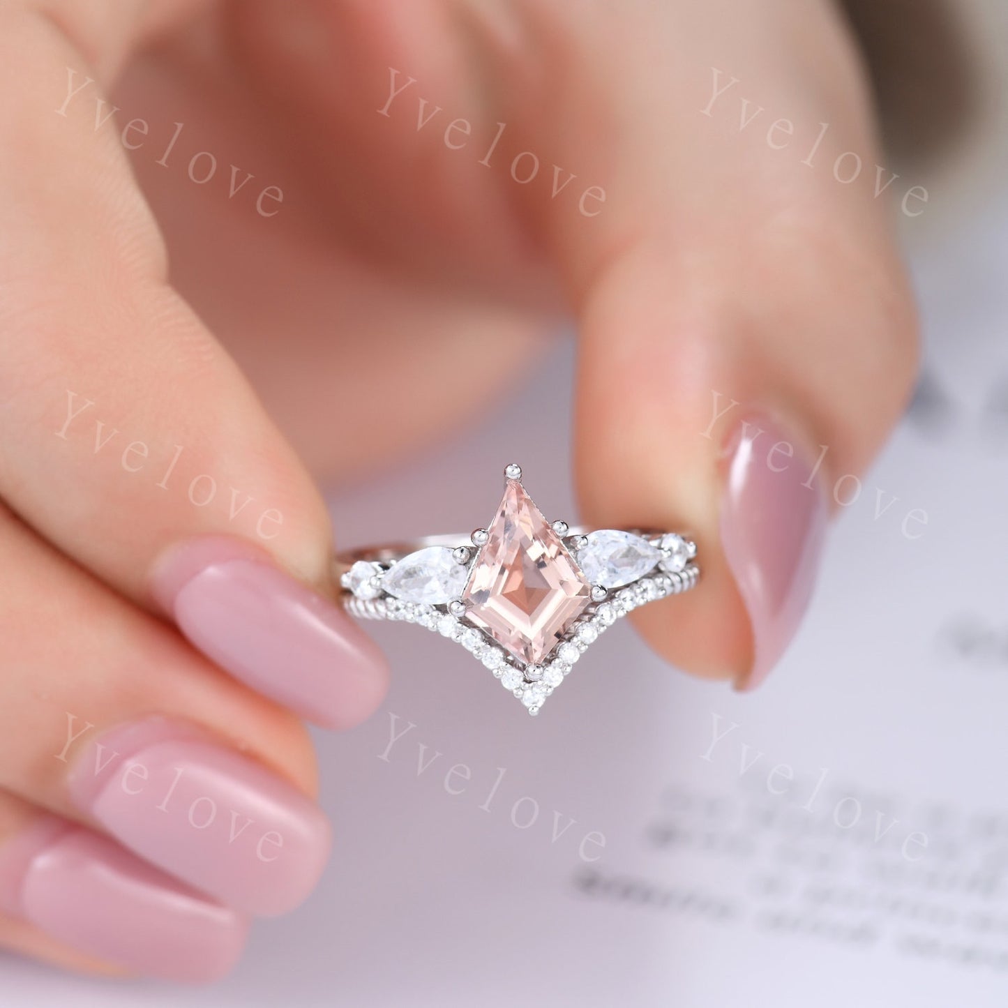 Unique Kite Cut Morganite Engagement Ring Set,Morganite Bridal Ring Set,Pear Moissanite,Twist Wedding Band,White Gold,Birthday Gift For Her