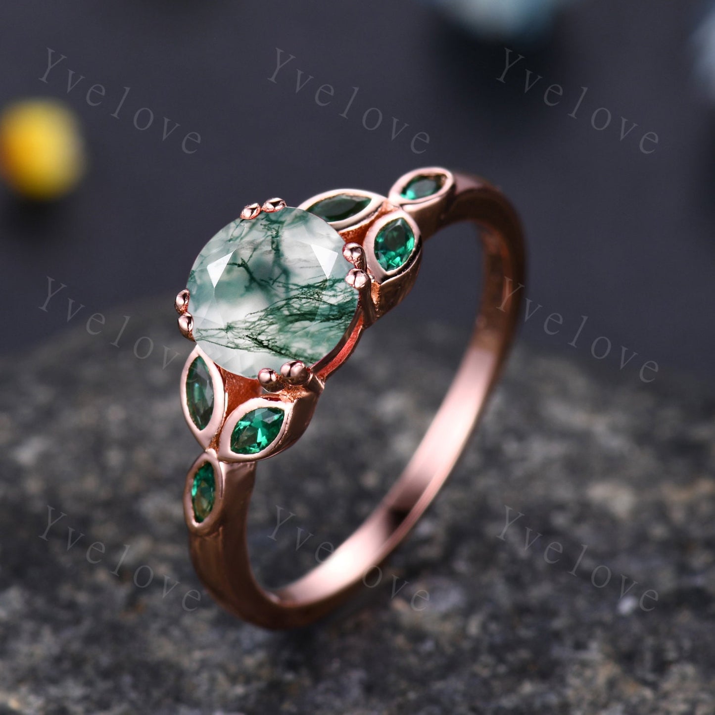 7mm round moss agate engagement ring leaf marquise emerald stones vintage moss agate wedding ring  floral ring promise  anniversary gift