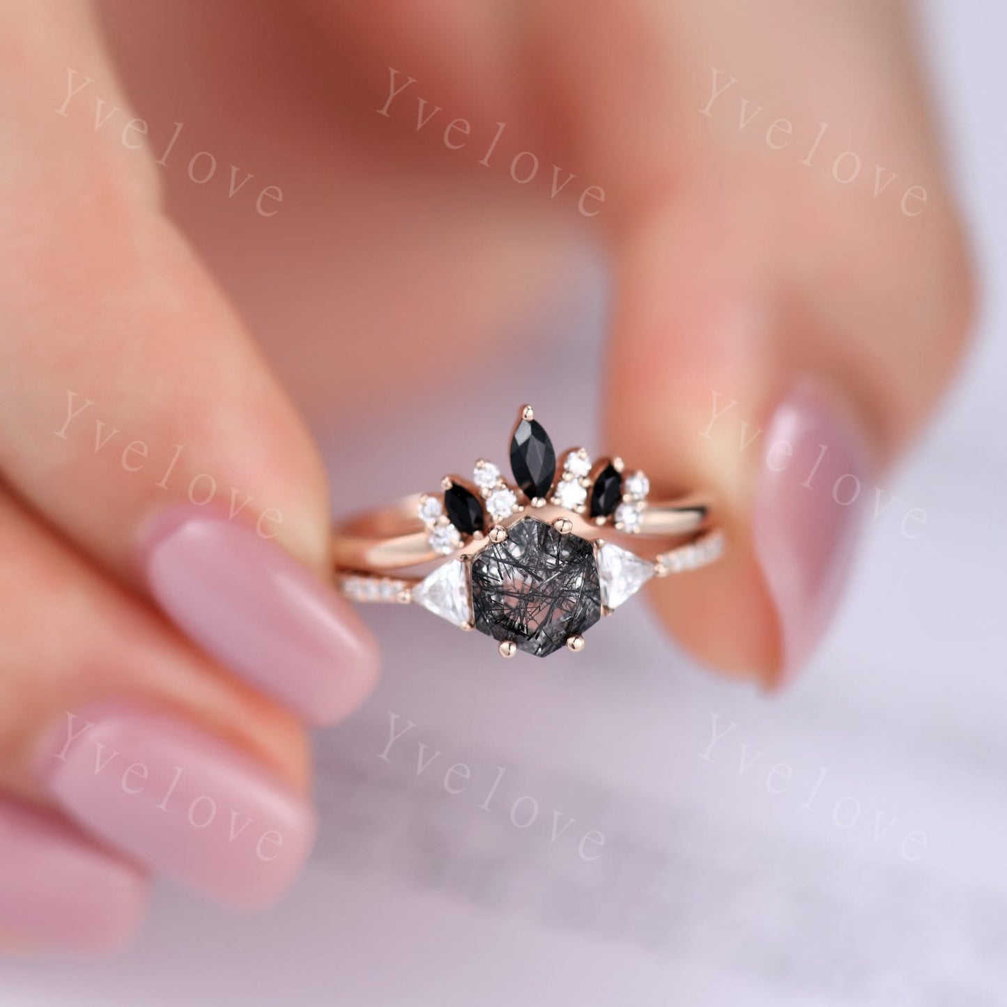 Hexagon Cut Black Rutilated Quartz Engagement Ring,Vingate Bridal Ring,925 Silver,Gothic Ring,Anniversary Wedding Ring Birthday Gift for Her