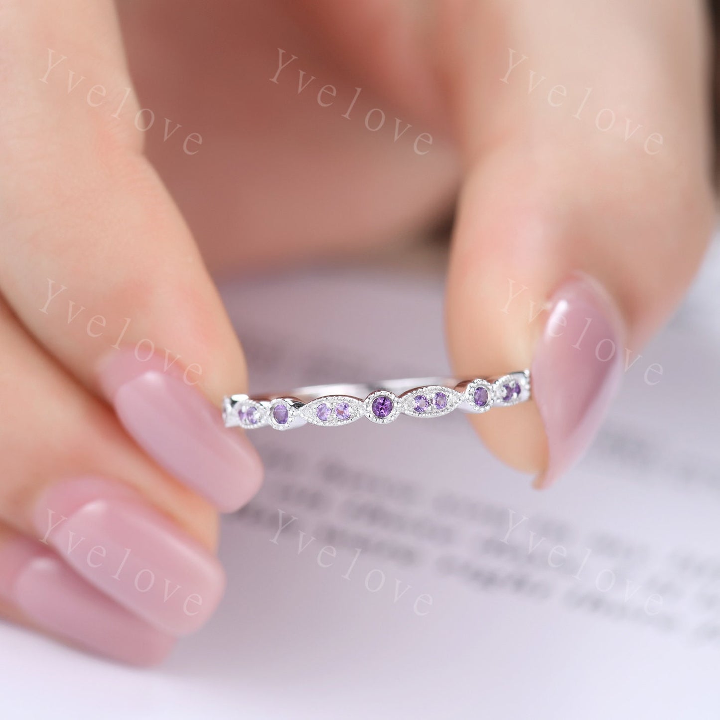 Amethyst ring art deco half eternity amethyst wedding band milgrain style ring 14k white gold matching band natural gemstone IF color