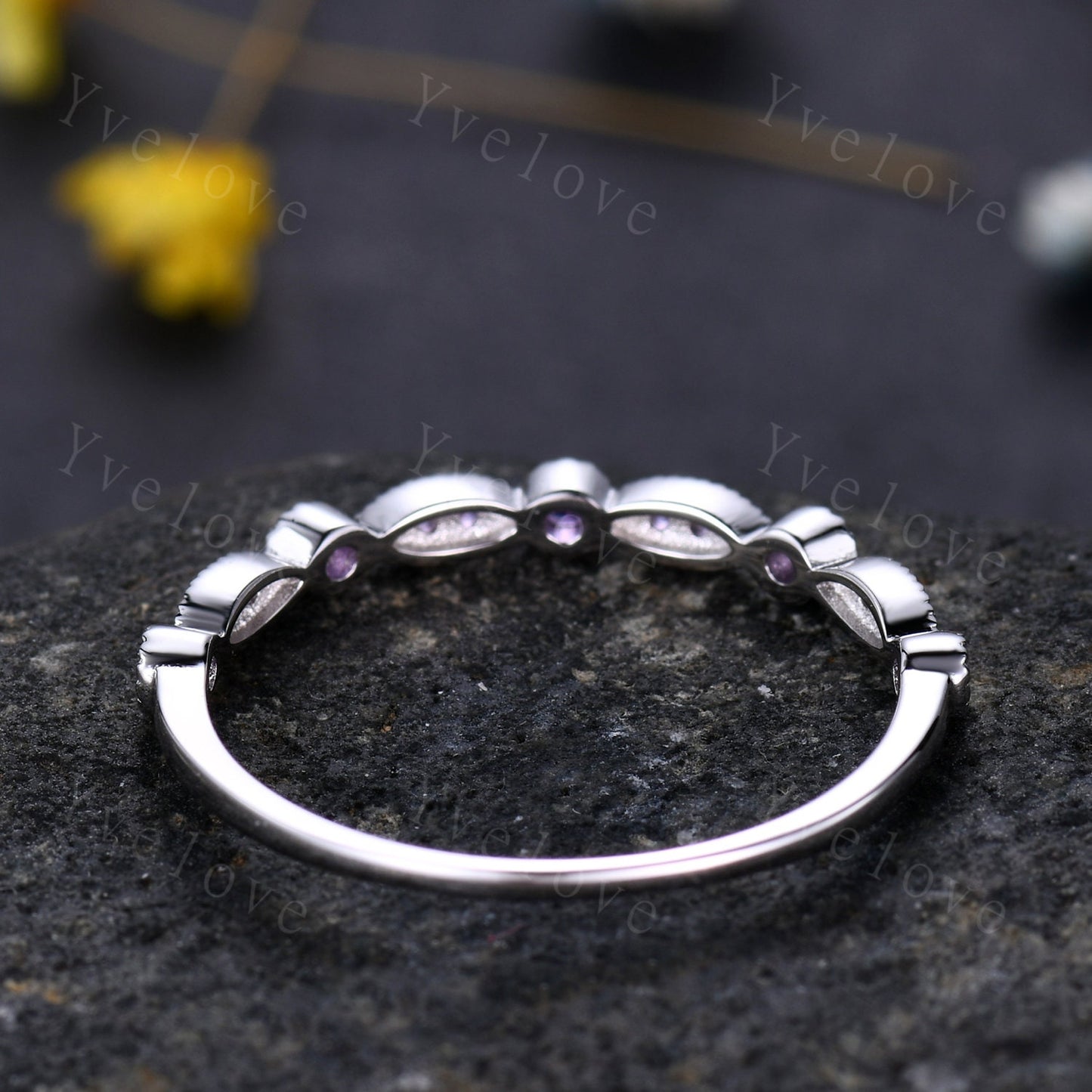 Amethyst ring art deco half eternity amethyst wedding band milgrain style ring 14k white gold matching band natural gemstone IF color
