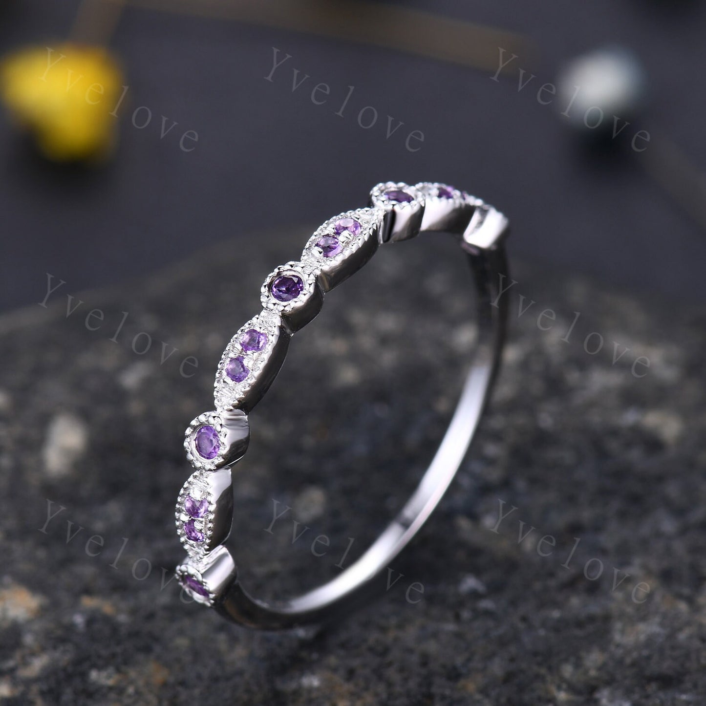Amethyst ring art deco half eternity amethyst wedding band milgrain style ring 14k white gold matching band natural gemstone IF color