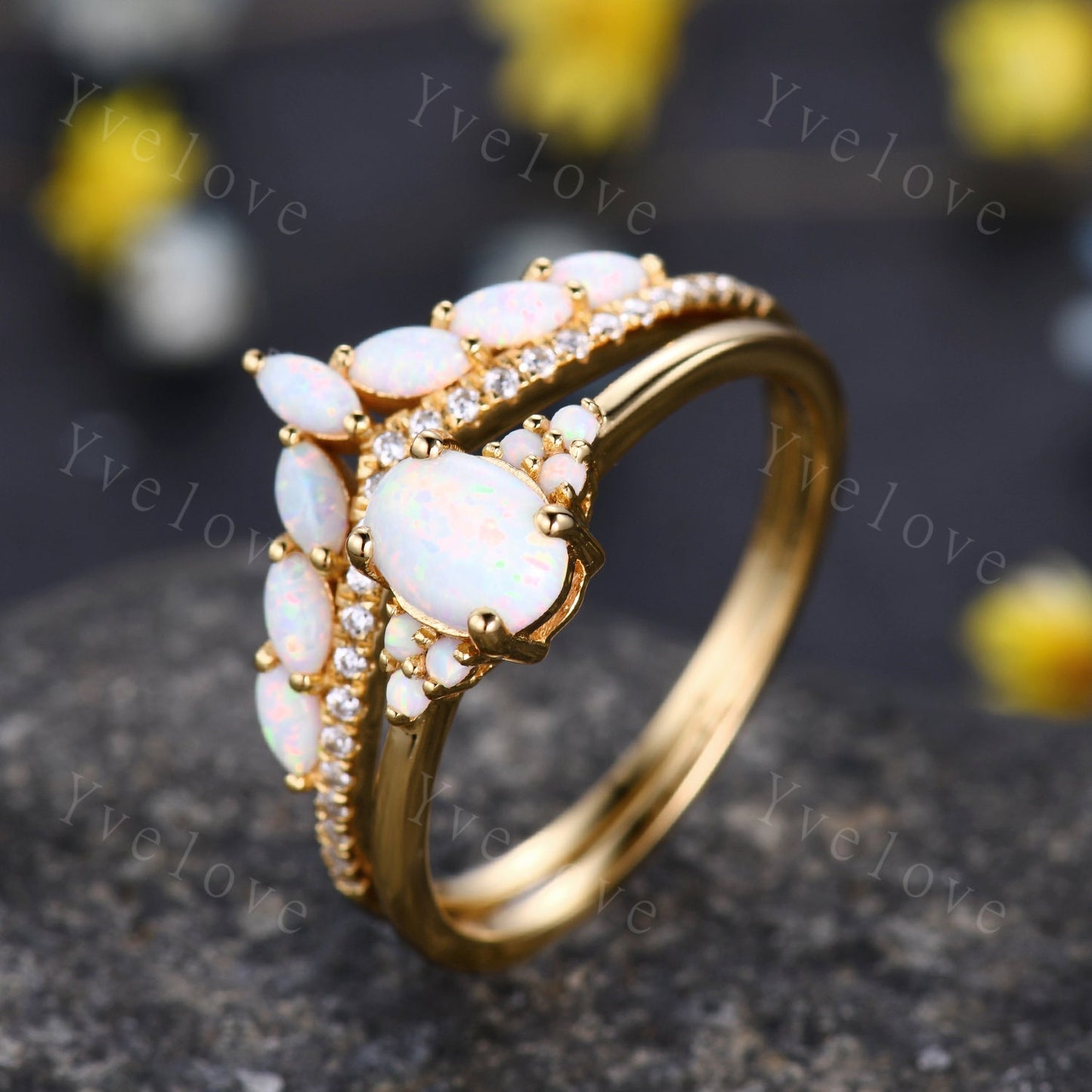 Opal Engagement Ring Set,Opal Rings for Women,Yellow Gold Opal Engagement Ring, Opal Wedding Ring Set, Multi-Gemstone Ring,Statement Ring