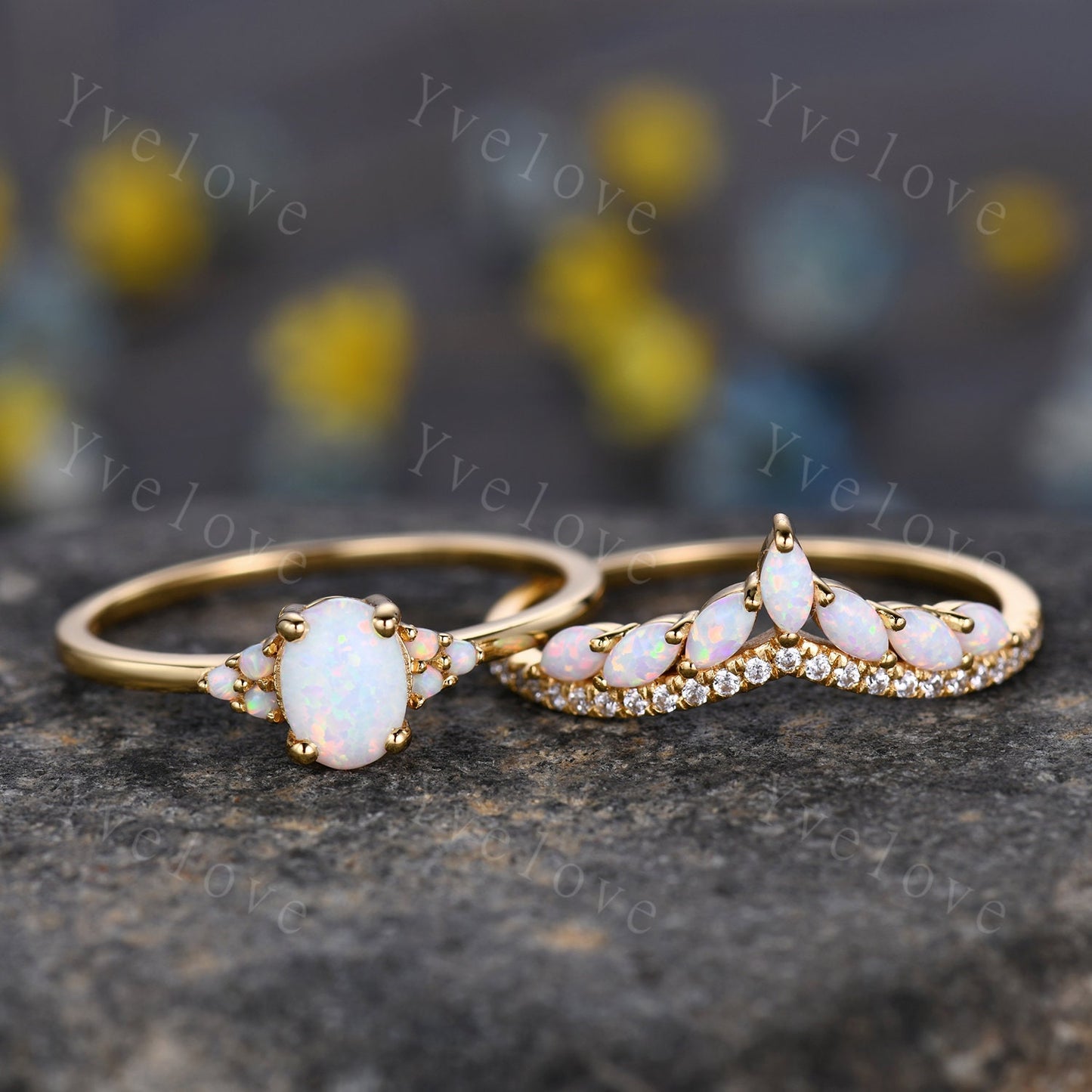 Opal Engagement Ring Set,Opal Rings for Women,Yellow Gold Opal Engagement Ring, Opal Wedding Ring Set, Multi-Gemstone Ring,Statement Ring