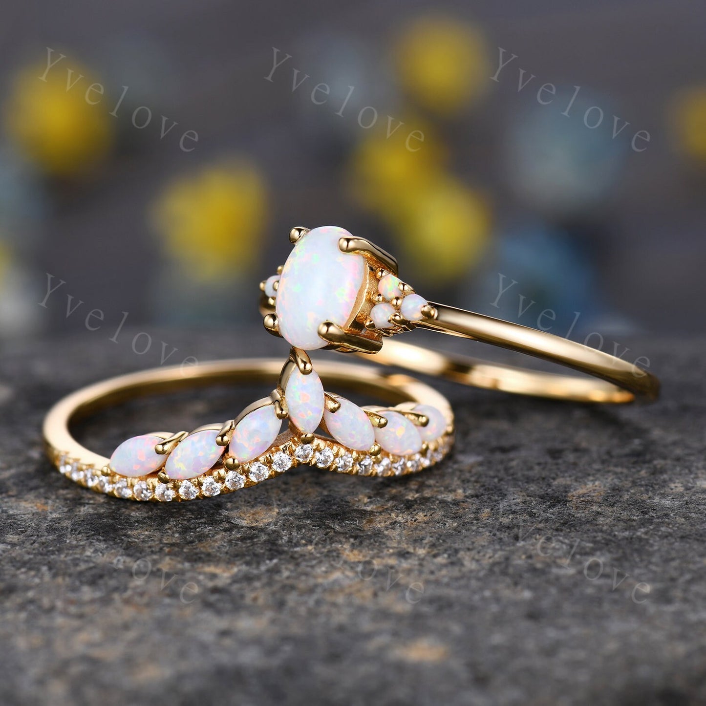 Opal Engagement Ring Set,Opal Rings for Women,Yellow Gold Opal Engagement Ring, Opal Wedding Ring Set, Multi-Gemstone Ring,Statement Ring