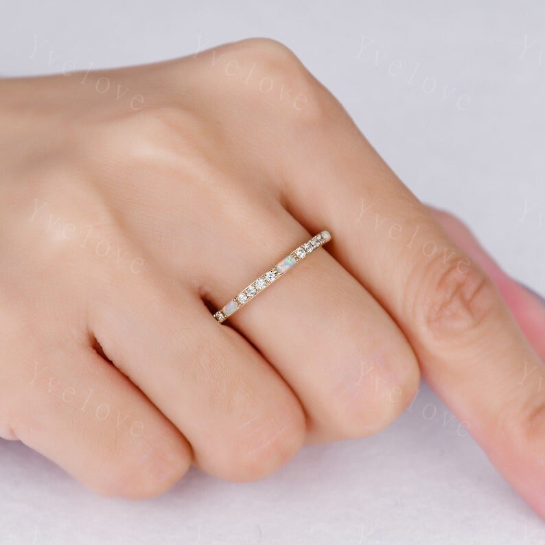 White Fire Opal Diamond Wedding Ring,Baguette Opal,Minimalist Ring,1.5mm Pave Band,14K Rose Gold,Half Eternity StackingBand,Anniversary Gift