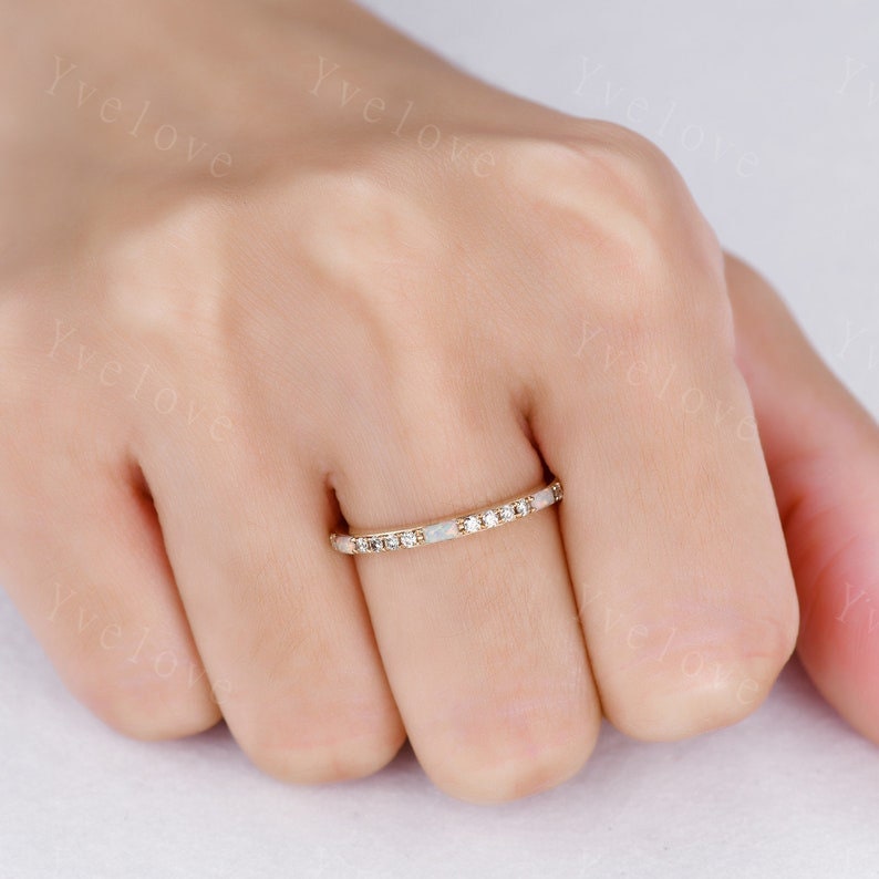 White Fire Opal Diamond Wedding Ring,Baguette Opal,Minimalist Ring,1.5mm Pave Band,14K Rose Gold,Half Eternity StackingBand,Anniversary Gift