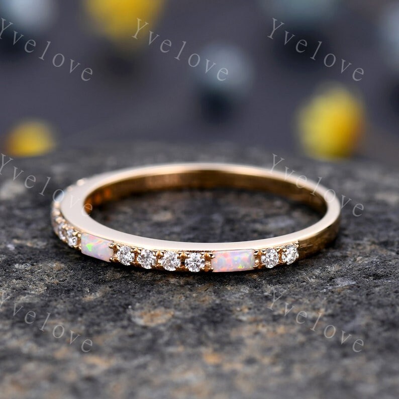 White Fire Opal Diamond Wedding Ring,Baguette Opal,Minimalist Ring,1.5mm Pave Band,14K Rose Gold,Half Eternity StackingBand,Anniversary Gift