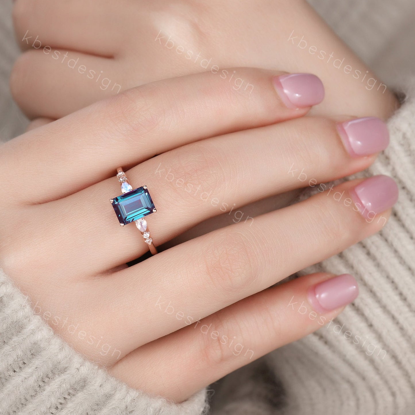 Emerald cut Alexandrite ring sterling silver ring for women vintage unique Alexandrite engagement ring pear moonstone wedding Promise ring