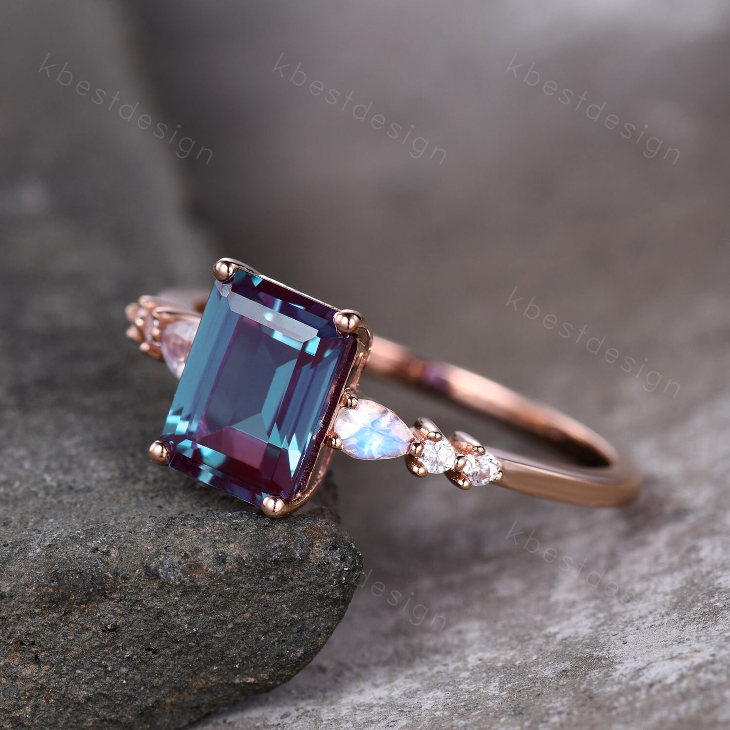 Emerald cut Alexandrite ring rose gold ring for women vintage unique Alexandrite engagement ring pear moonstone wedding ring Promise ring