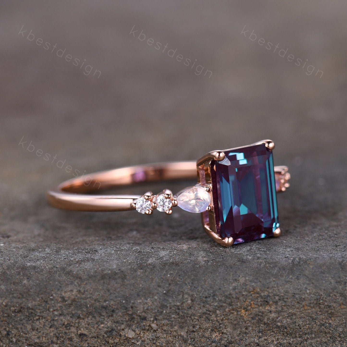 Emerald cut Alexandrite ring rose gold ring for women vintage unique Alexandrite engagement ring pear moonstone wedding ring Promise ring