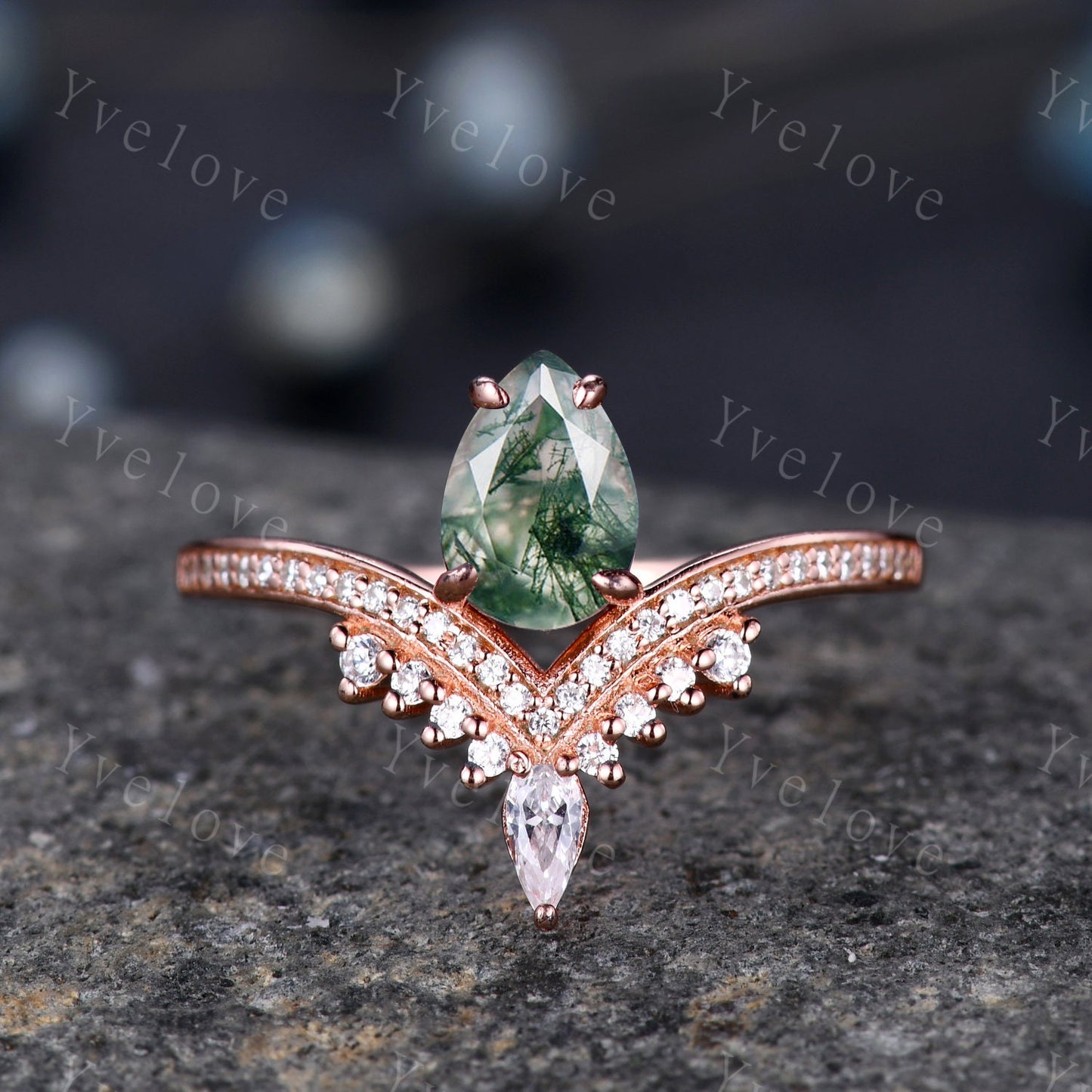 Pear shaped moss agate ring white gold ring vintage moss agate engagement ring set Curved moissanite Band Ring women art deco ring for her