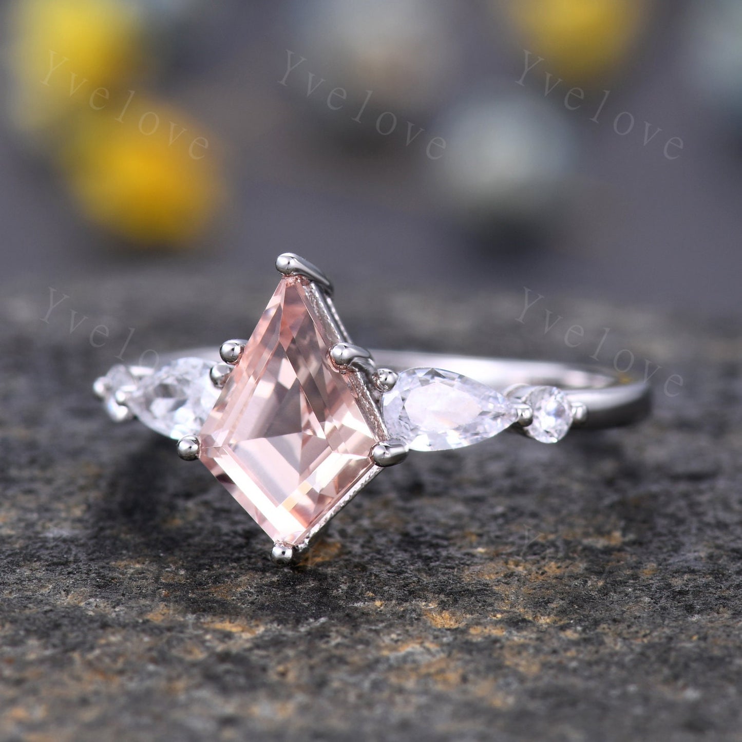 Unique Kite Cut Morganite Engagement Ring,Morganite Bridal Ring,Pear Moissanite,Twisted Wedding Band,18K White Gold,Birthday Gift For Her