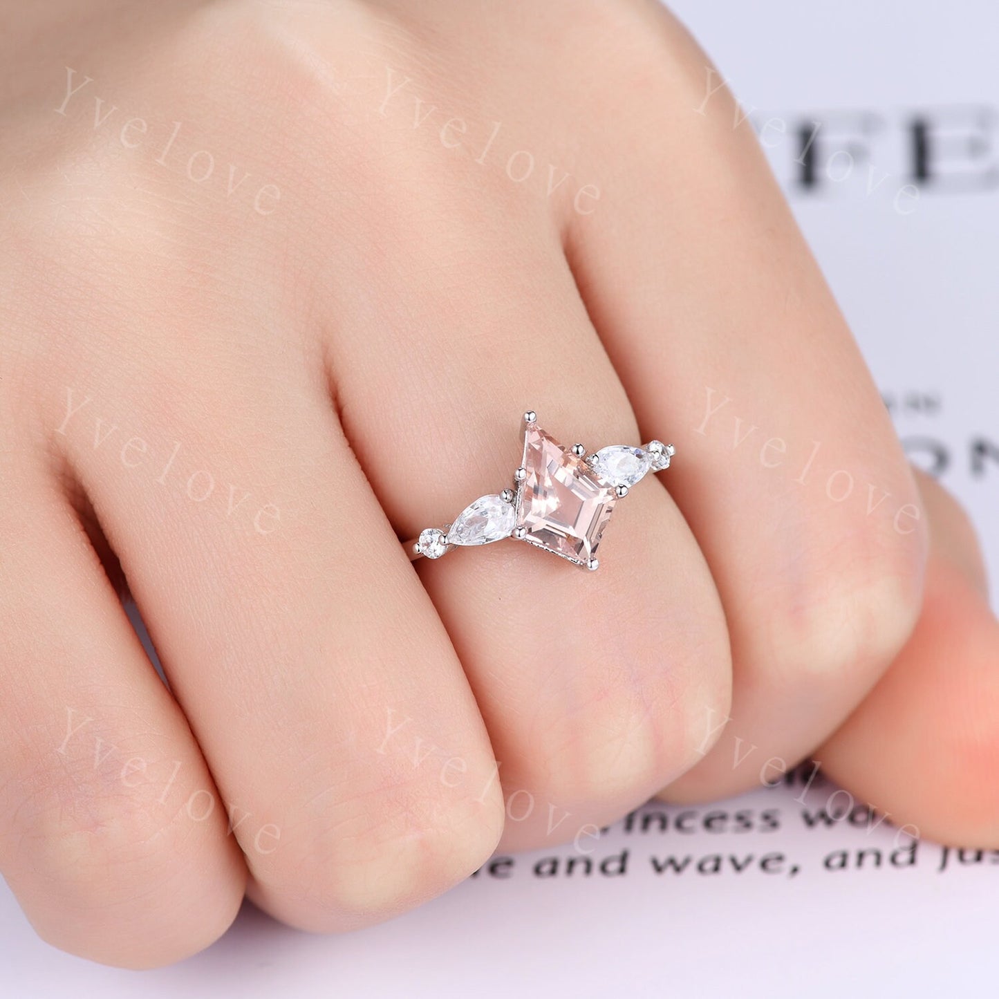 Unique Kite Cut Morganite Engagement Ring,Morganite Bridal Ring,Pear Moissanite,Twisted Wedding Band,18K White Gold,Birthday Gift For Her